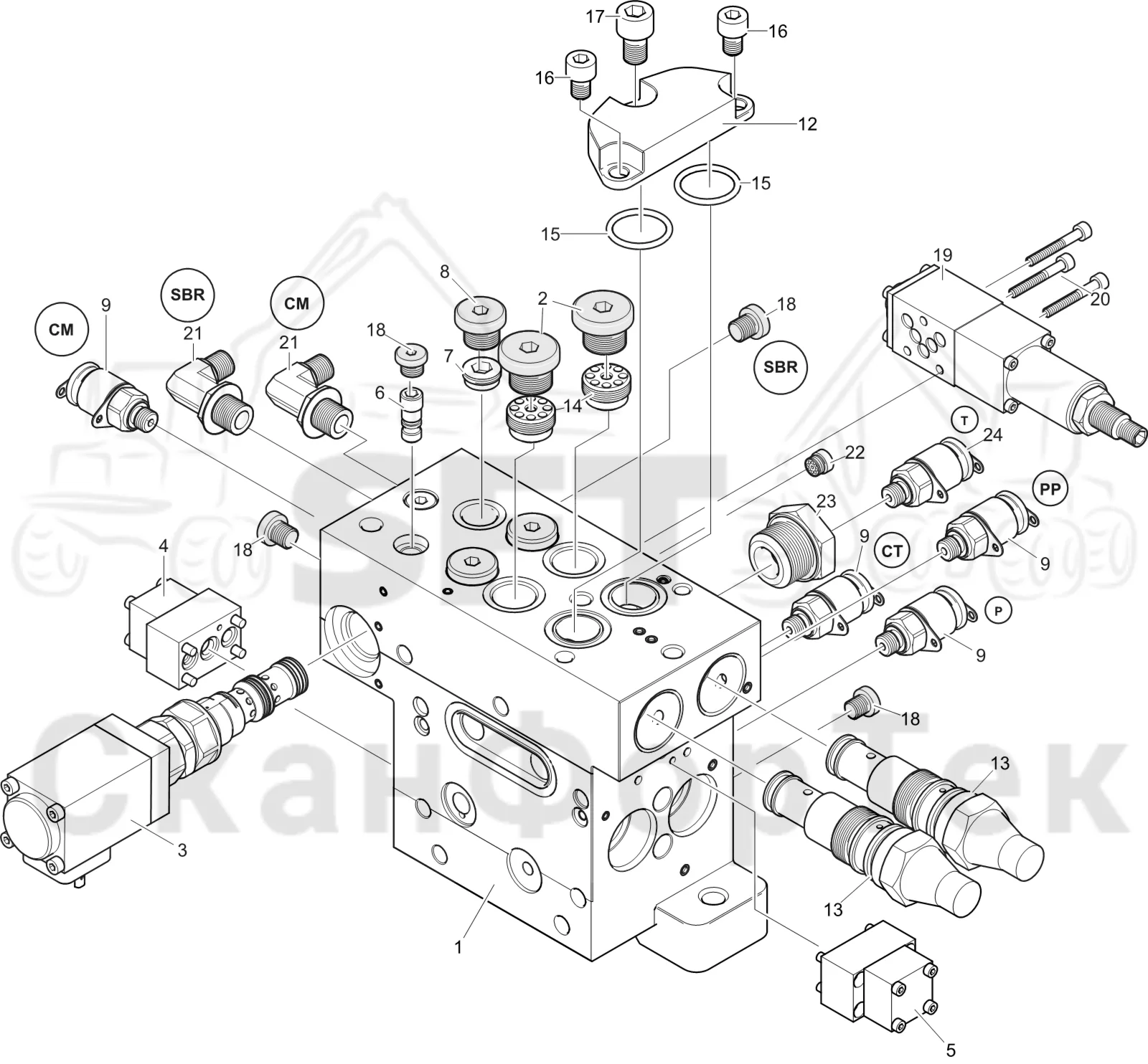 Схема: Komatsu / Лесозаготовительные машины / 931 S/N 9310021067- / Каталог запасных частей / Лесозаготовительное оборудование / Головка лесозаготовительной машины / C144 / Каталог запасных частей / Гидравлический клапан / Торцевая секция Цветовая маркировка