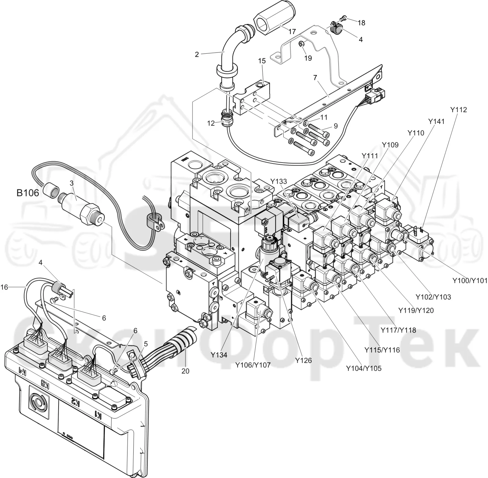 Схема: Komatsu / Лесозаготовительные машины / 931 S/N 9310021067- / Каталог запасных частей / Лесозаготовительное оборудование / Головка лесозаготовительной машины / C144 / Каталог запасных частей / Гидравлический клапан / Монтажная проводка клапана 1144015086-