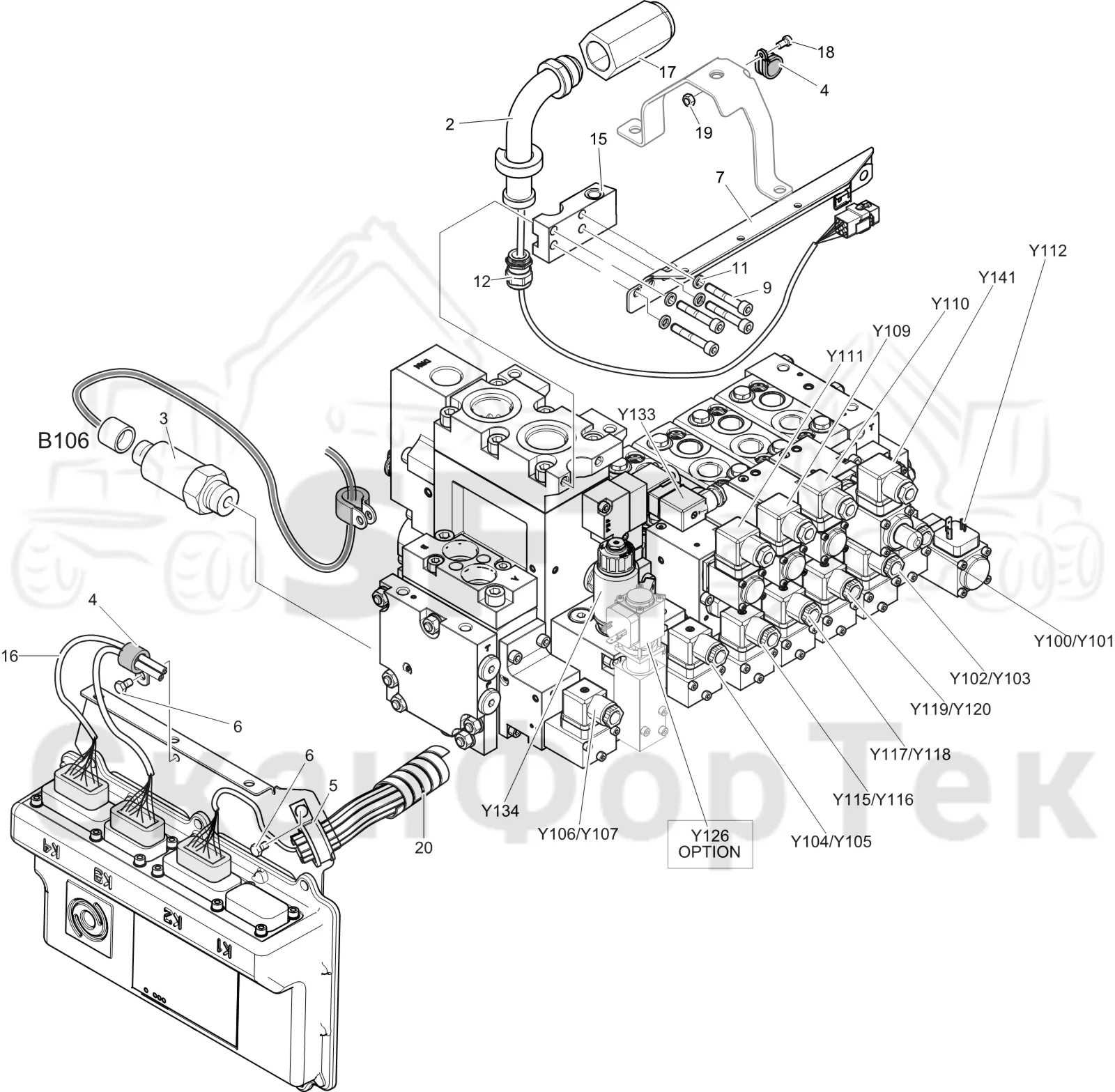 Схема: Komatsu / Лесозаготовительные машины / 931 S/N 9310021067- / Каталог запасных частей / Лесозаготовительное оборудование / Головка лесозаготовительной машины / C144 / Каталог запасных частей / Гидравлический клапан / Монтажная проводка клапана 1144016121-