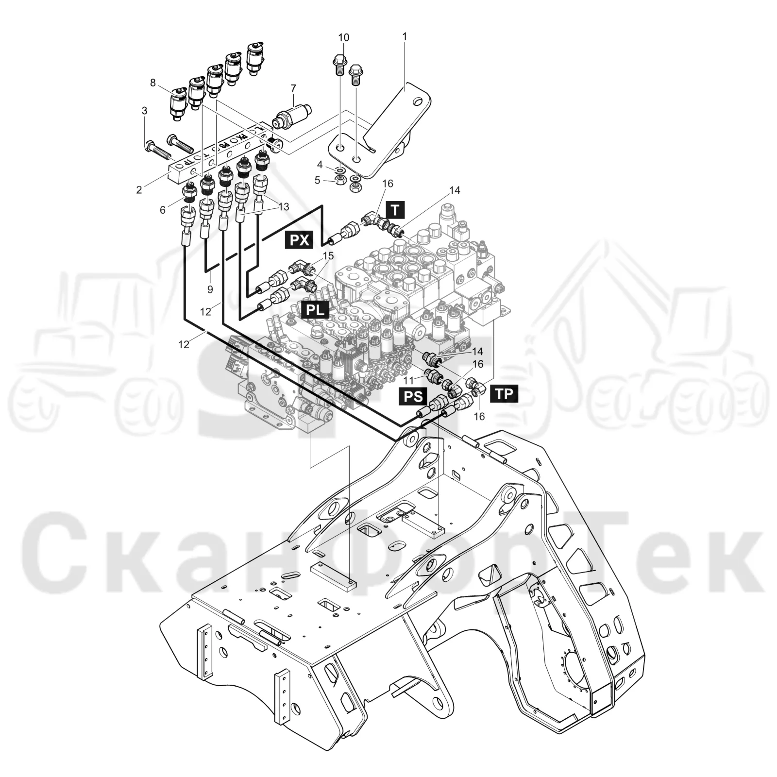 Схема: Komatsu / Головки лесозаготовительной машины / C Головки лесозаготовительной машины / C283 / Каталог запасных частей / Гидравлический клапан / Точки измерения давления