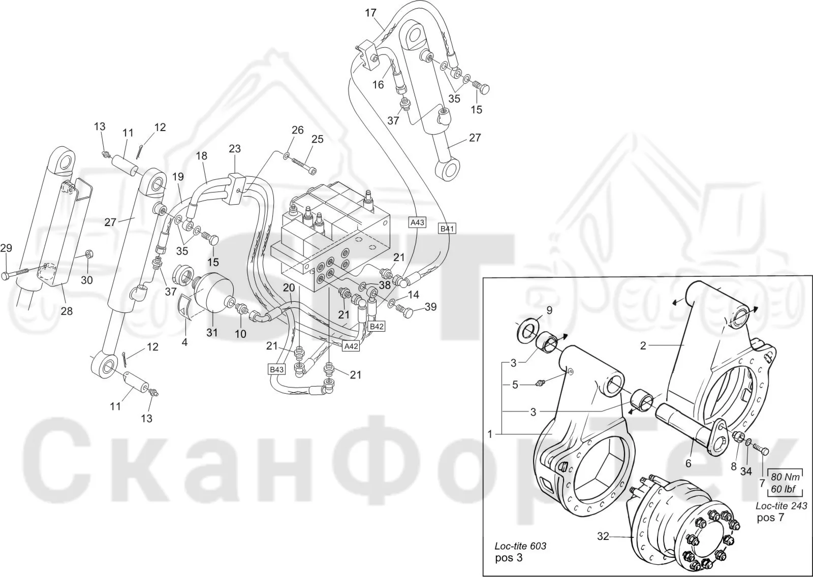 Схема: Komatsu / Лесозаготовительные машины / 911 S/N 9110062167- / Каталог запасных частей / Лесозаготовительное оборудование / Головка лесозаготовительной машины / S92 / Каталог запасных частей / Подача / Гидравлика открывания и закрывания роликов подачи