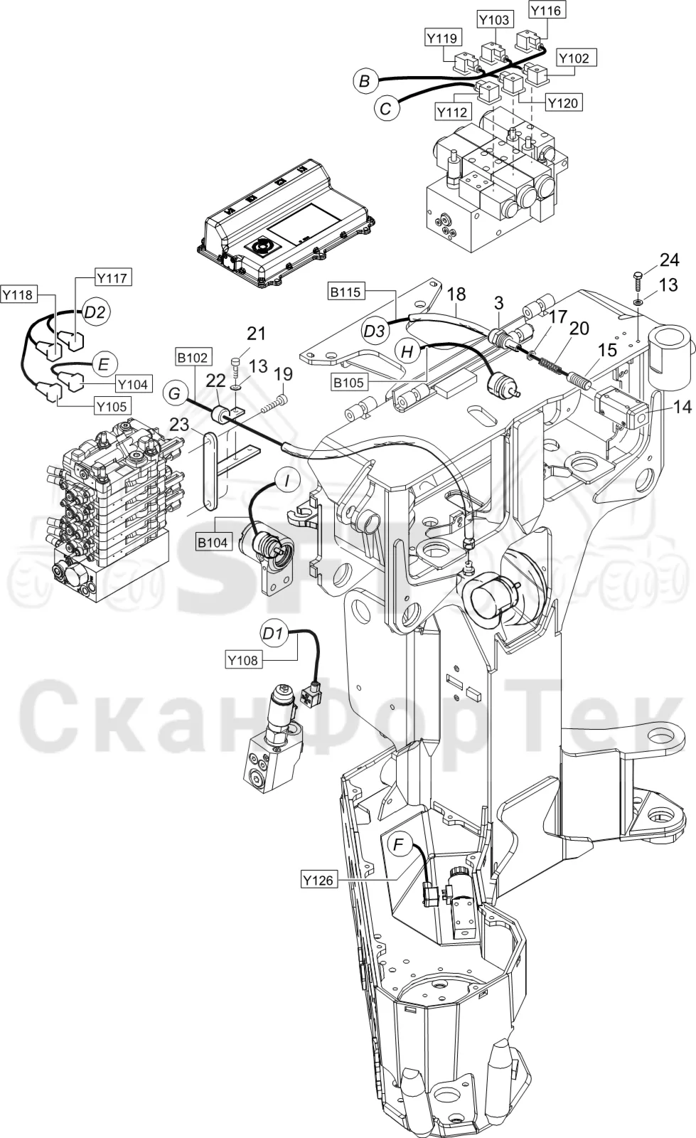 Схема: Komatsu / Головки лесозаготовительной машины / S Головки лесозаготовительной машины / S92 / Каталог запасных частей / Система управления / Комплект электрооборудования 3092015121-