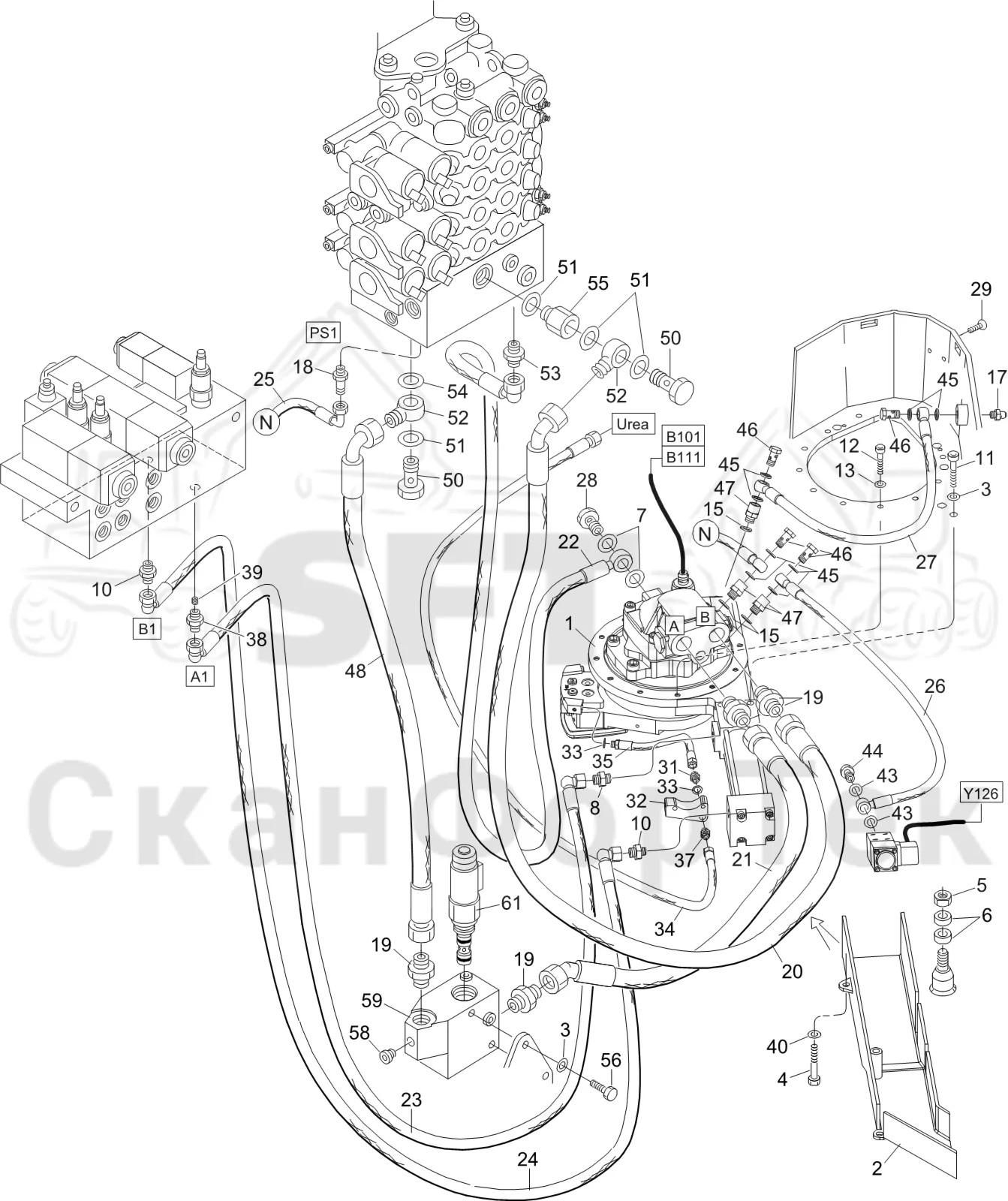 Схема: Komatsu / Лесозаготовительные машины / 901 S/N 9010053267- / Каталог запасных частей / Лесозаготовительное оборудование / Головка лесозаготовительной машины / S92 / Каталог запасных частей / Резка / Устройство резки/Автоматический натяжитель цепи