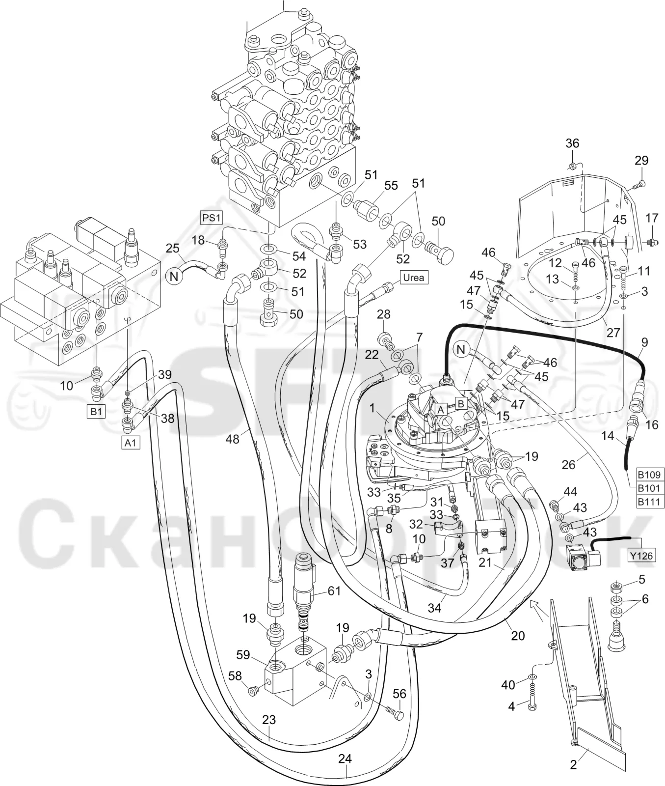 Схема: Komatsu / Лесозаготовительные машины / 911 S/N 9112062167- / Каталог запасных частей / Лесозаготовительное оборудование / Головка лесозаготовительной машины / S92 / Каталог запасных частей / Резка / Устройство резки/Автоматический натяжитель цепи 3092016231-