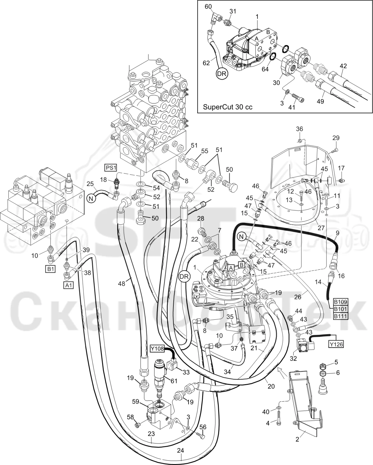 Схема: Komatsu / Лесозаготовительные машины / 901 S/N 9010053267- / Каталог запасных частей / Лесозаготовительное оборудование / Головка лесозаготовительной машины / S92 / Каталог запасных частей / Резка / Устройство резки/руководство Натяжитель цепи 3032016226-