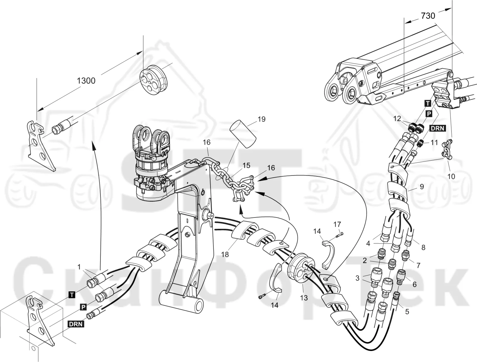 Схема: Komatsu / Лесозаготовительные машины / 931 S/N 9310021067- / Каталог запасных частей / Лесозаготовительное оборудование / Головка лесозаготовительной машины / S92 / Каталог запасных частей / Поворотные устройства и звенья / Узел шланга ORFS