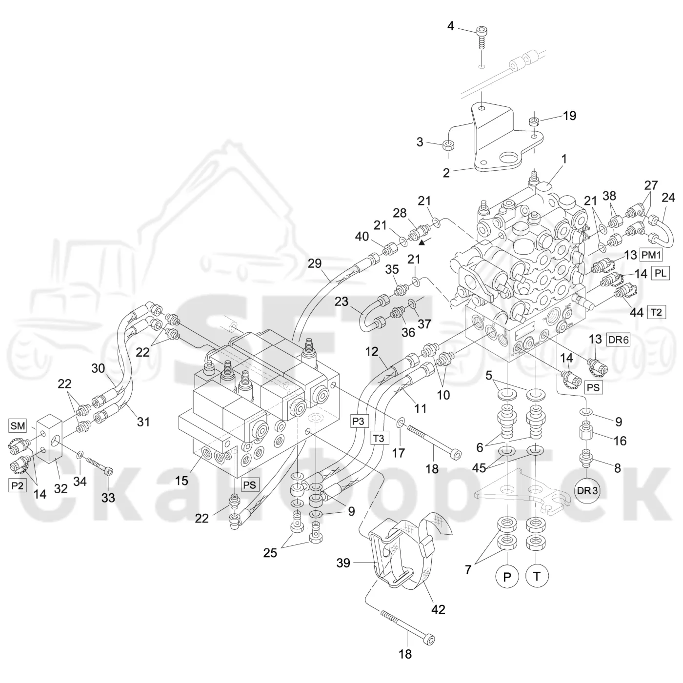 Схема: Komatsu / Лесозаготовительные машины / 911 S/N 9112062167- / Каталог запасных частей / Лесозаготовительное оборудование / Головка лесозаготовительной машины / S92 / Каталог запасных частей / Гидравлический клапан / Узел клапана