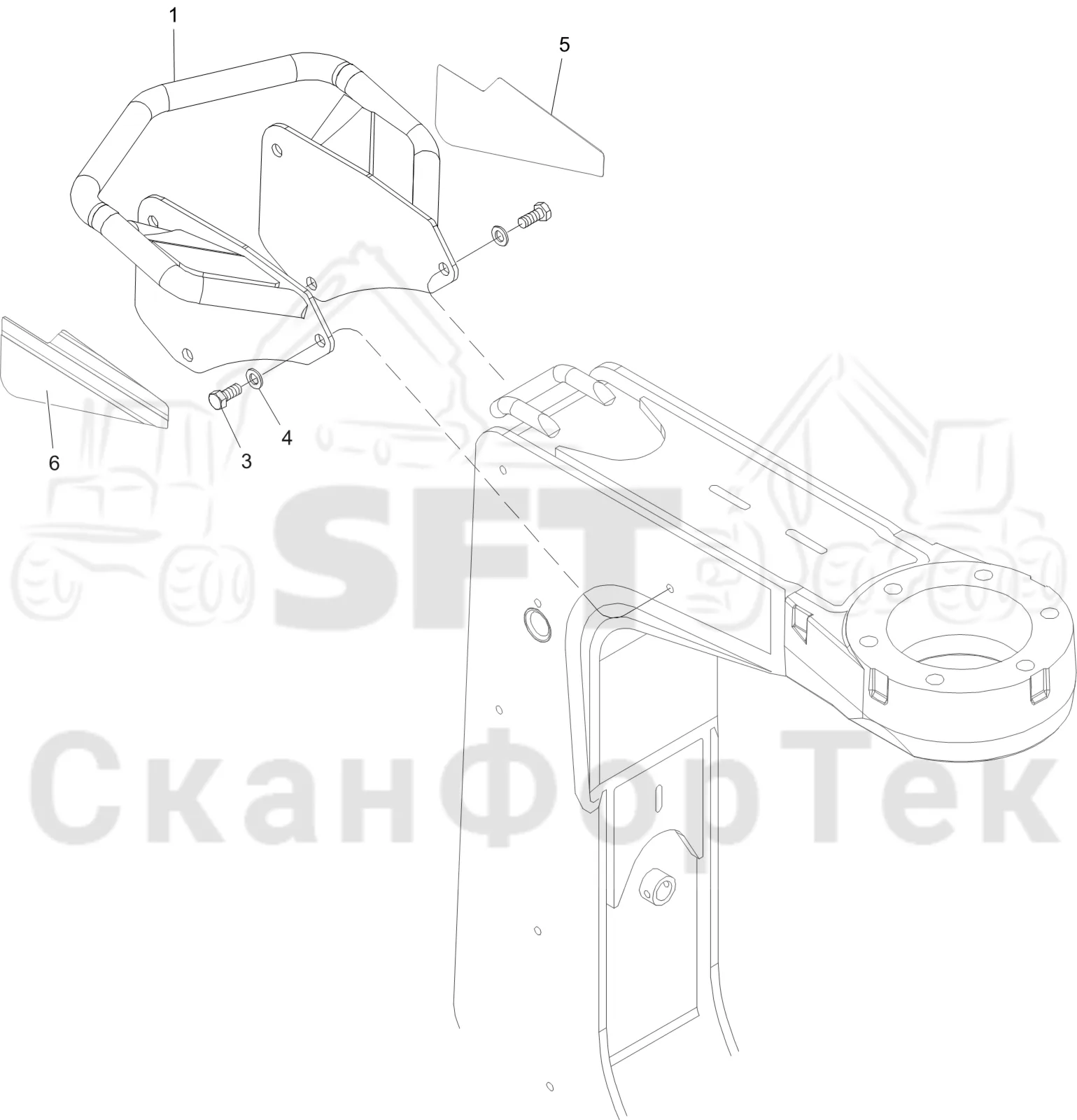Схема: Komatsu / Лесозаготовительные машины / 911 S/N 9112062167- / Каталог запасных частей / Лесозаготовительное оборудование / Головка лесозаготовительной машины / S132 / Каталог запасных частей / шасси / Защитный кронштейн