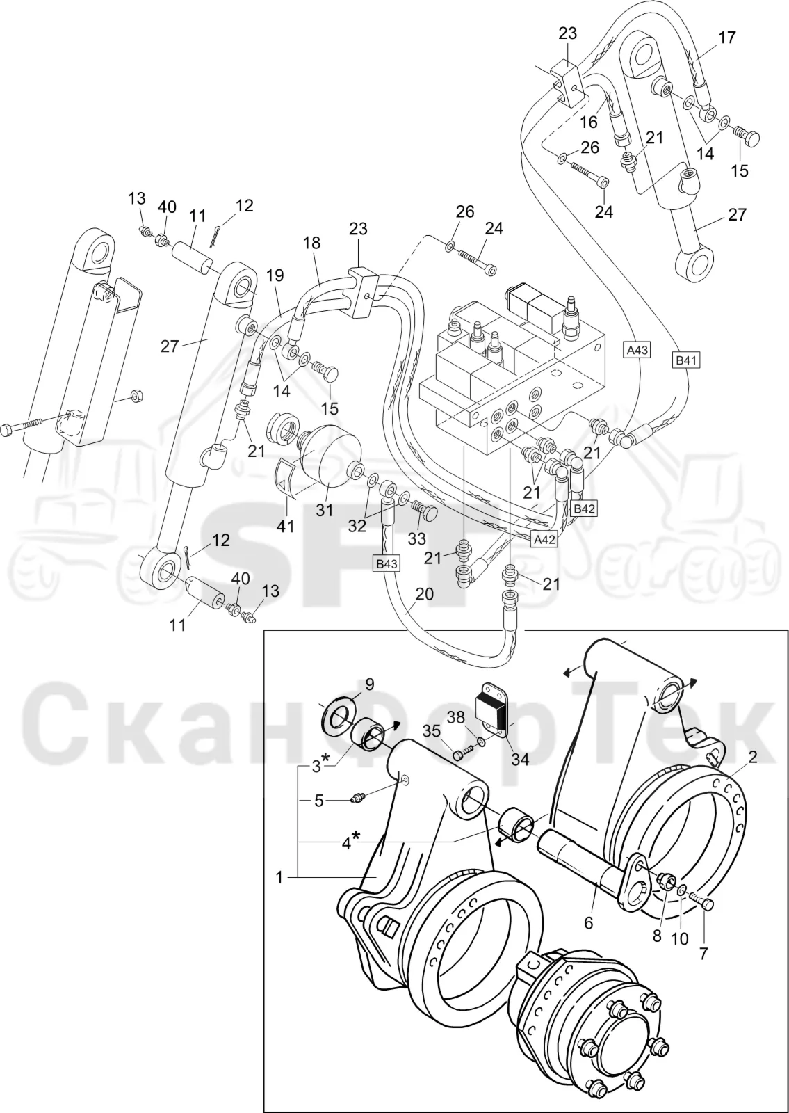 Схема: Komatsu / Лесозаготовительные машины / 951 S/N 9510004367- / Каталог запасных частей / Лесозаготовительное оборудование / Головка лесозаготовительной машины / S132 / Каталог запасных частей / Подача / Гидравлика открывания и закрывания роликов подачи