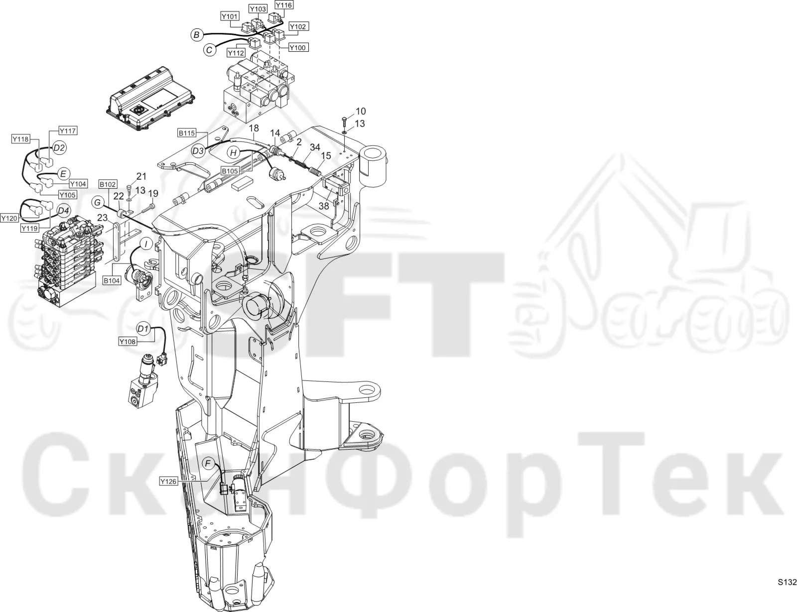 Схема: Komatsu / Лесозаготовительные машины / 911 S/N 9110062167- / Каталог запасных частей / Лесозаготовительное оборудование / Головка лесозаготовительной машины / S132 / Каталог запасных частей / Система управления / Комплект электрооборудования 3132015081-