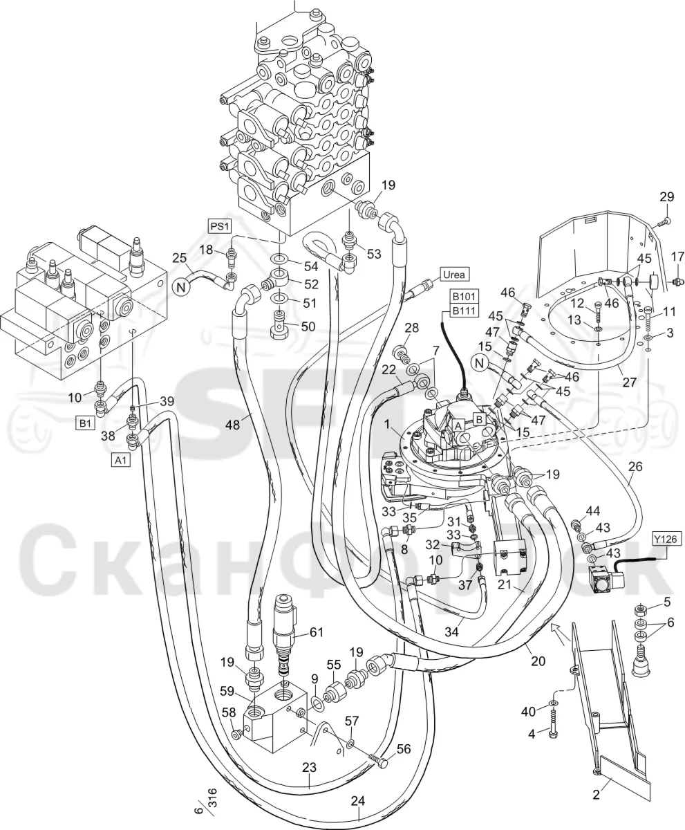 Схема: Komatsu / Лесозаготовительные машины / 951 S/N 9510004367- / Каталог запасных частей / Лесозаготовительное оборудование / Головка лесозаготовительной машины / S132 / Каталог запасных частей / Резка / Устройство резки/Автоматический натяжитель цепи