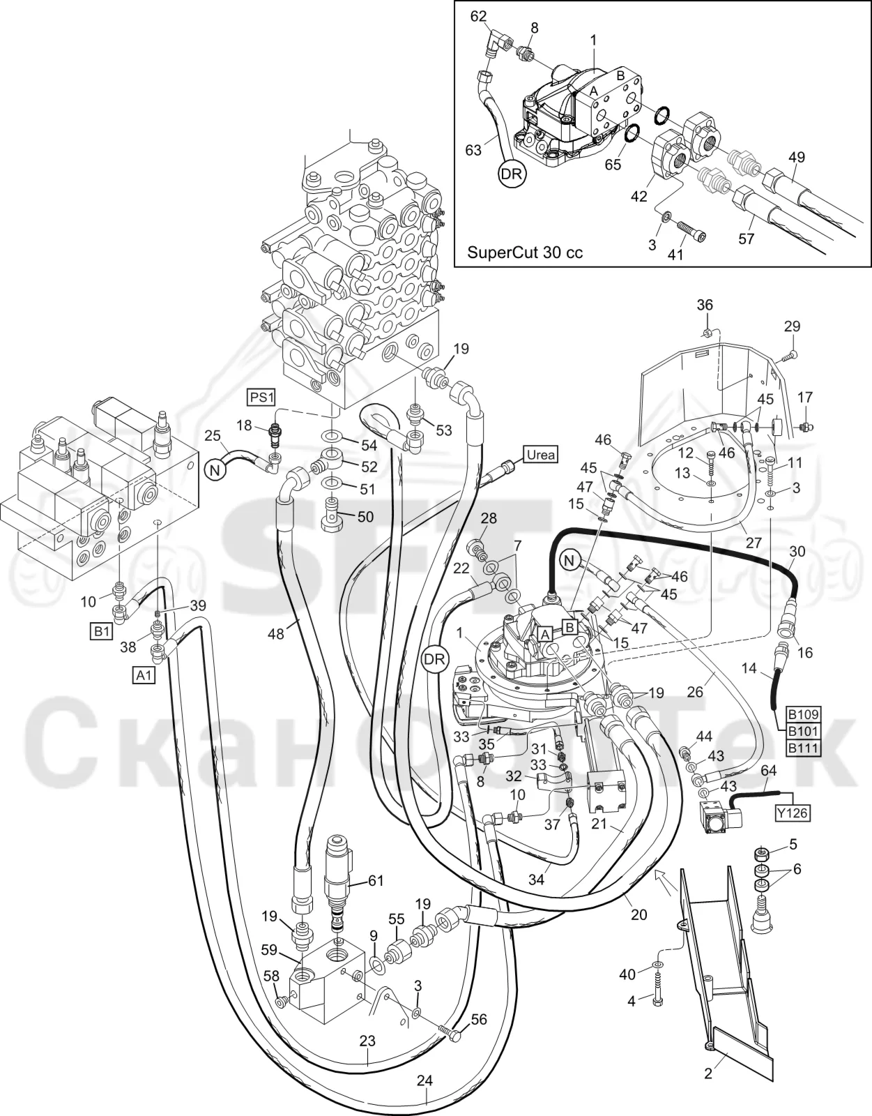 Схема: Komatsu / Лесозаготовительные машины / 911 S/N 9110062167- / Каталог запасных частей / Лесозаготовительное оборудование / Головка лесозаготовительной машины / S132 / Каталог запасных частей / Резка / Устройство резки/Автоматический натяжитель цепи 3132015081-