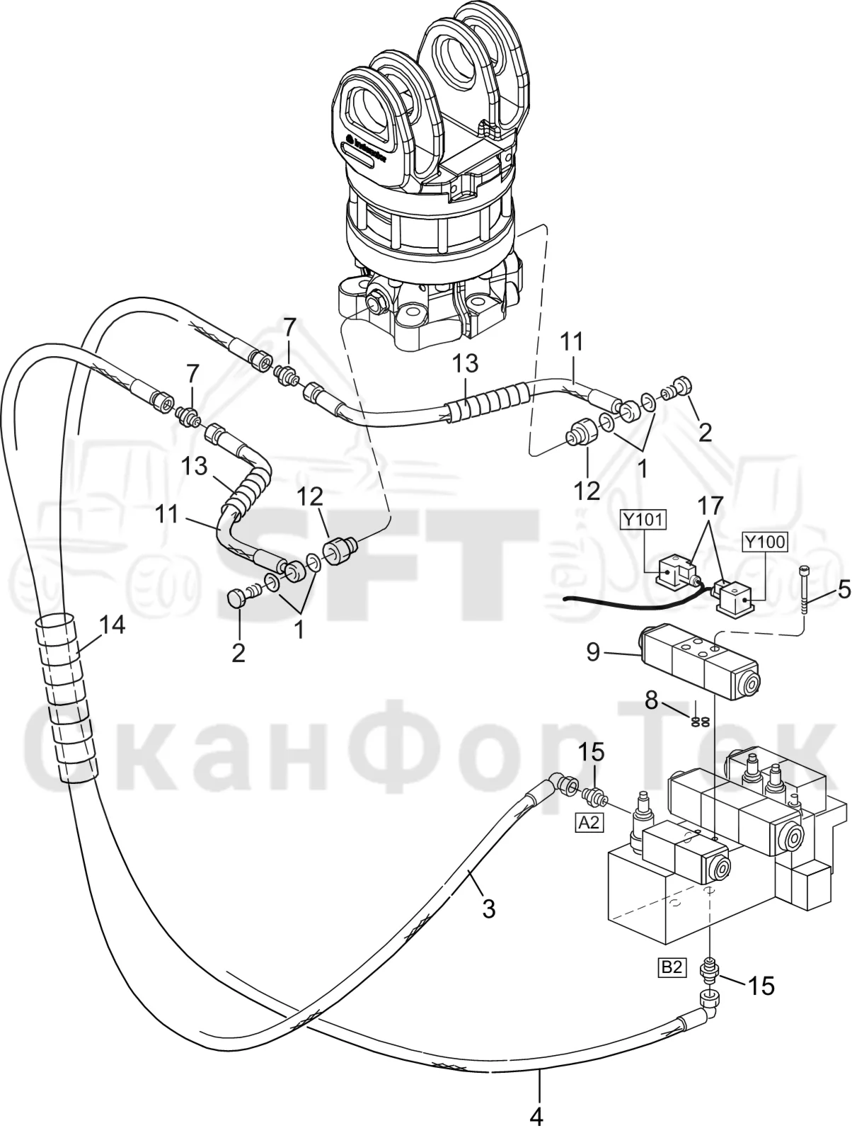 Схема: Komatsu / Головки лесозаготовительной машины / S Головки лесозаготовительной машины / S132 / Каталог запасных частей / Поворотные устройства и звенья / Гидравлическое оборудование поворотного устройства/Без Габота с несколькими деЂевьями