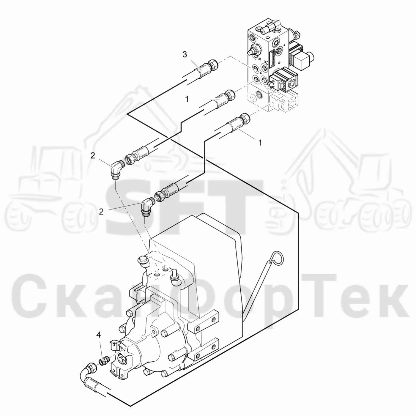 Схема: Komatsu / Лесозаготовительные машины / 931.1 / Каталог запасных частей / Коробка передач / Редуктор / Гидравлическое оборудование переключения повышающей-понижающей передачи/с полным приводом на все колеса