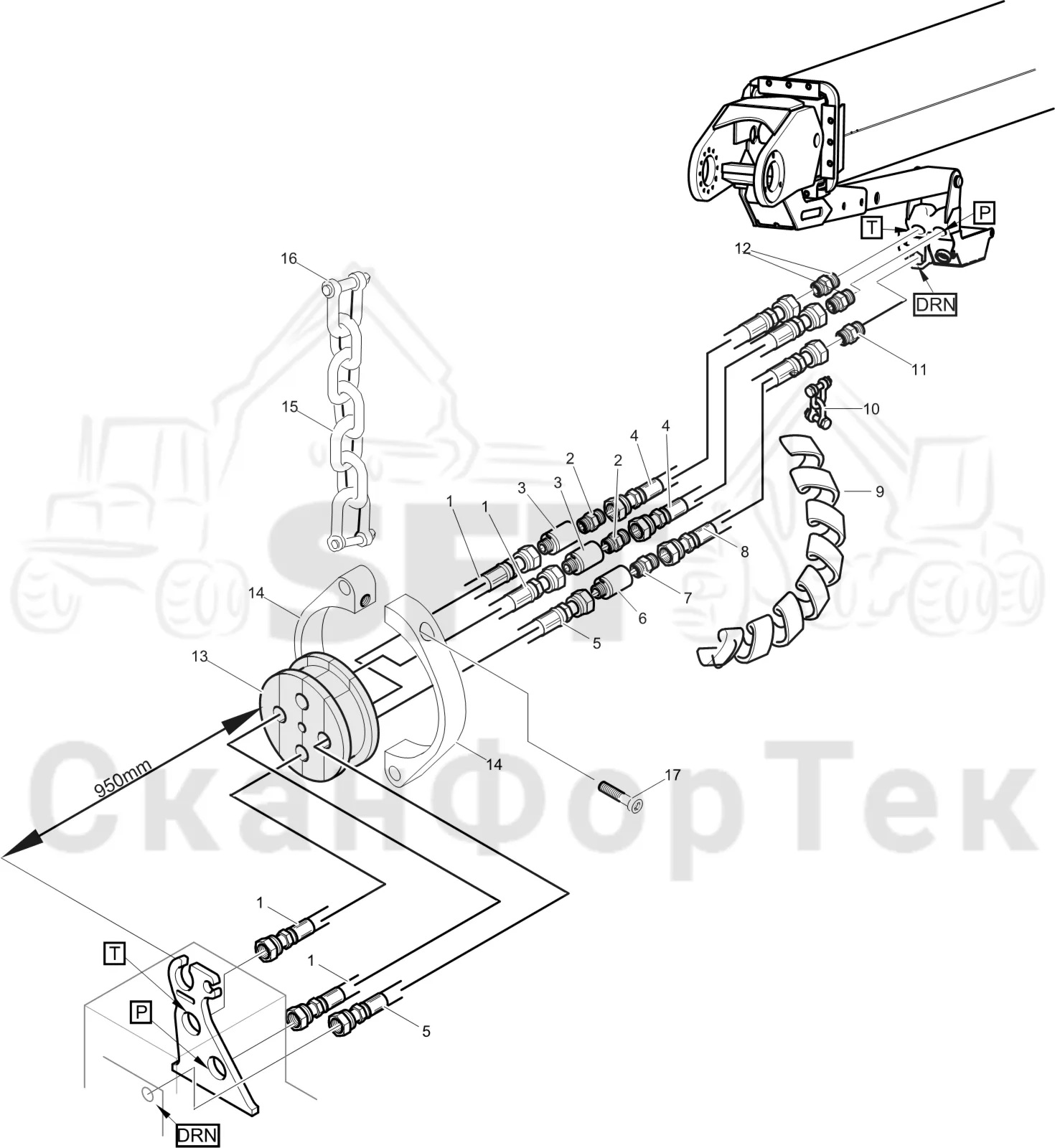 Схема: Komatsu / Лесозаготовительные машины / 951 S/N 9510004367- / Каталог запасных частей / Лесозаготовительное оборудование / Головка лесозаготовительной машины / S132 / Каталог запасных частей / Поворотные устройства и звенья / Узел шланга ORFS/Краткий