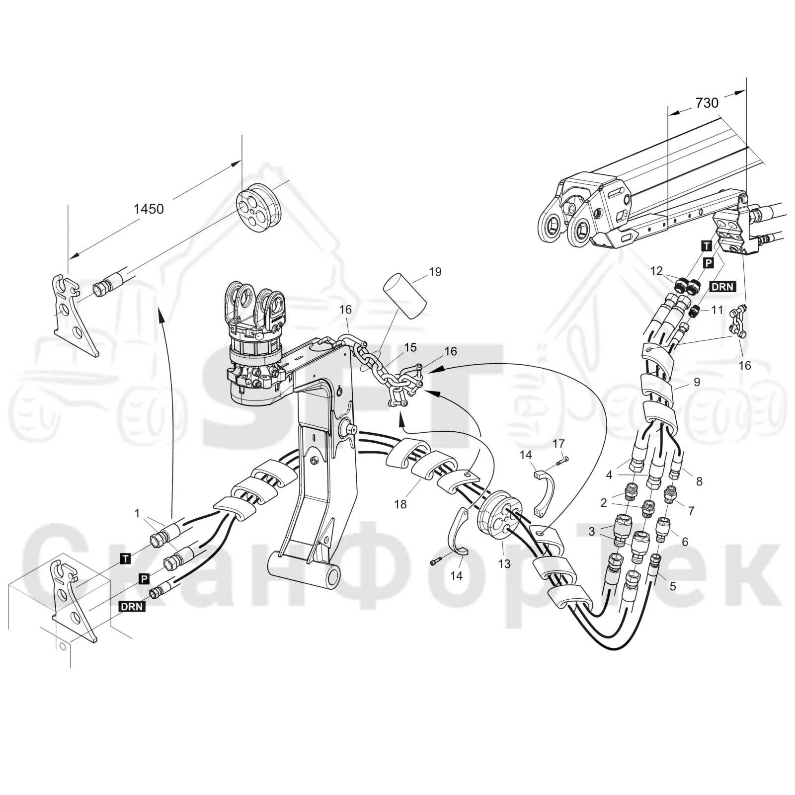 Схема: Komatsu / Лесозаготовительные машины / 931 S/N 9310021067- / Каталог запасных частей / Лесозаготовительное оборудование / Головка лесозаготовительной машины / S172 / Каталог запасных частей / Поворотные устройства и звенья / Узел шланга ORFS
