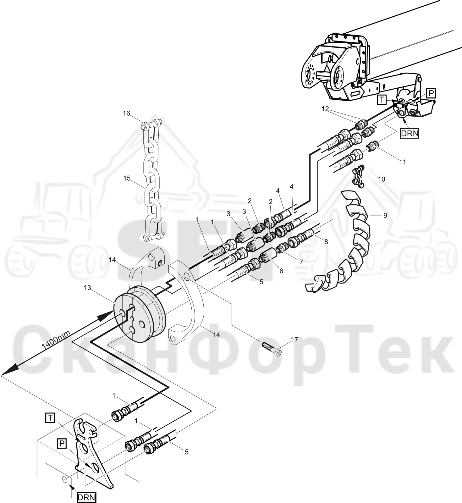 Схема: Komatsu / Лесозаготовительные машины / 911 S/N 9110062167- / Каталог запасных частей / Лесозаготовительное оборудование / Головка лесозаготовительной машины / S132 / Каталог запасных частей / Поворотные устройства и звенья / Узел шланга ORFS