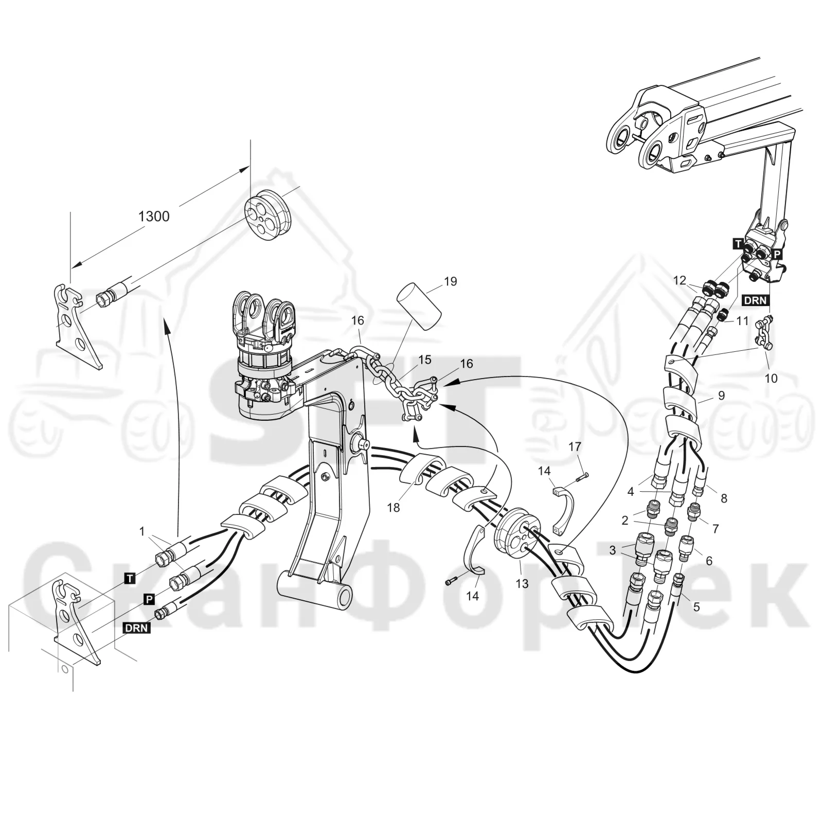 Схема: Komatsu / Головки лесозаготовительной машины / S Головки лесозаготовительной машины / S132 / Каталог запасных частей / Поворотные устройства и звенья / Узел шланга ORFS/Габота с несколькими деЂевьями