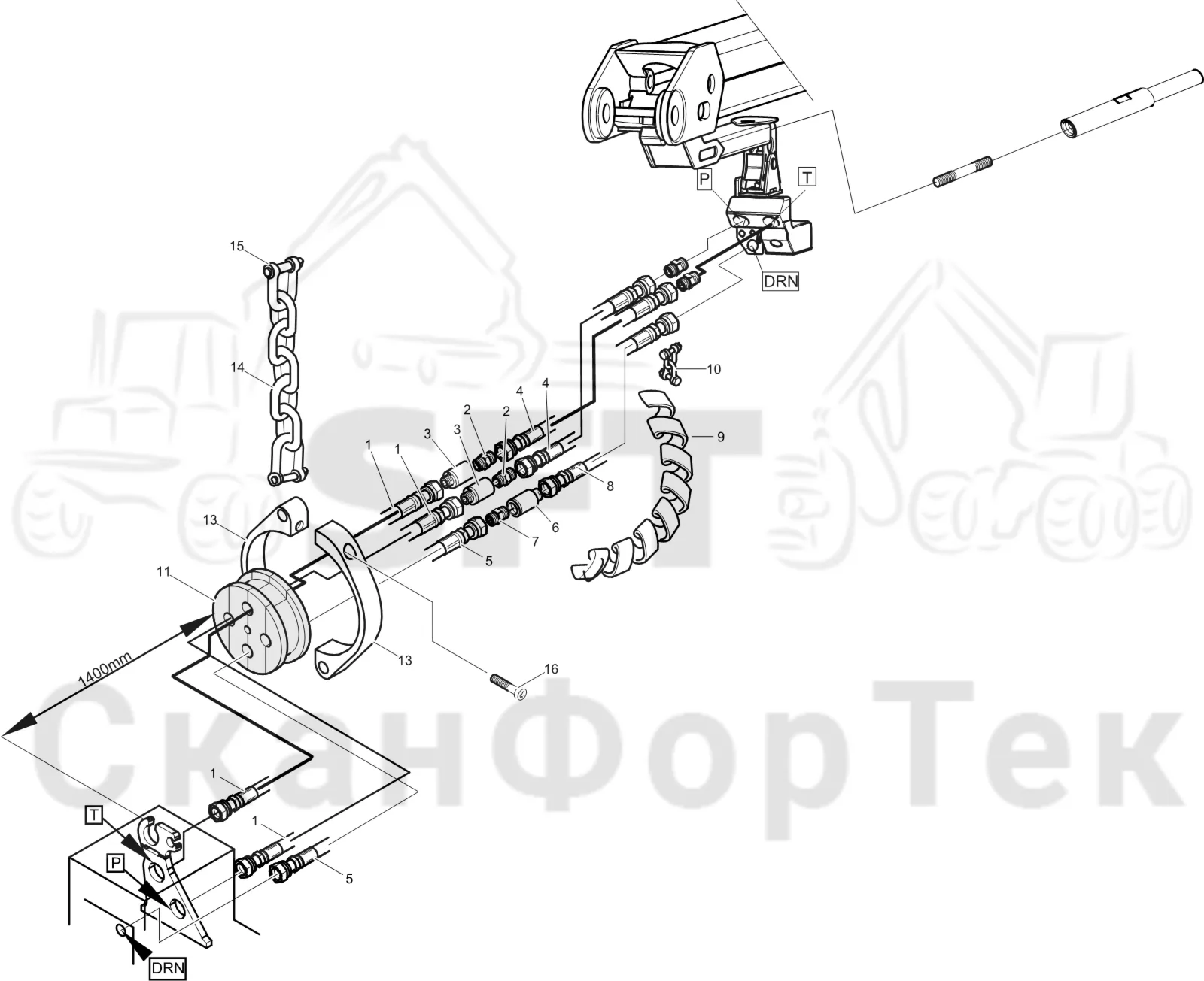 Схема: Komatsu / Лесозаготовительные машины / 911 S/N 9110062167- / Каталог запасных частей / Лесозаготовительное оборудование / Головка лесозаготовительной машины / S132 / Каталог запасных частей / Поворотные устройства и звенья / Узел шланга JIC