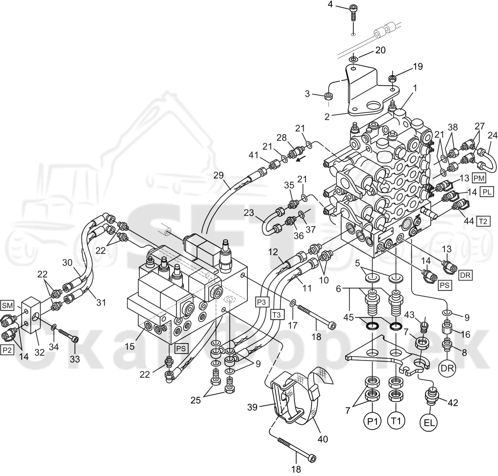 Схема: Komatsu / Лесозаготовительные машины / 931 S/N 9310021067- / Каталог запасных частей / Лесозаготовительное оборудование / Головка лесозаготовительной машины / S132 / Каталог запасных частей / Гидравлический клапан / Узел клапана