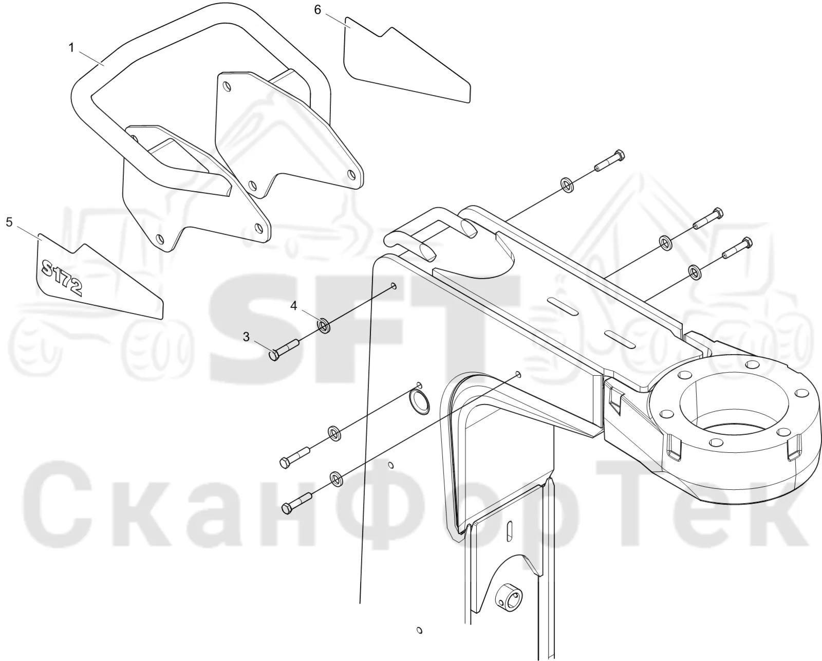 Схема: Komatsu / Лесозаготовительные машины / 951 S/N 9510004367- / Каталог запасных частей / Лесозаготовительное оборудование / Головка лесозаготовительной машины / S172 / Каталог запасных частей / шасси / Защитный кронштейн