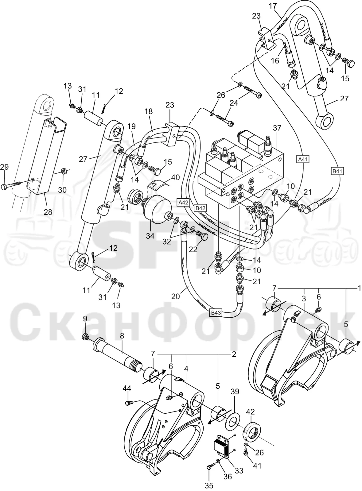 Схема: Komatsu / Лесозаготовительные машины / 951 S/N 9510004367- / Каталог запасных частей / Лесозаготовительное оборудование / Головка лесозаготовительной машины / S172 / Каталог запасных частей / Подача / Гидравлика открывания и закрывания роликов подачи