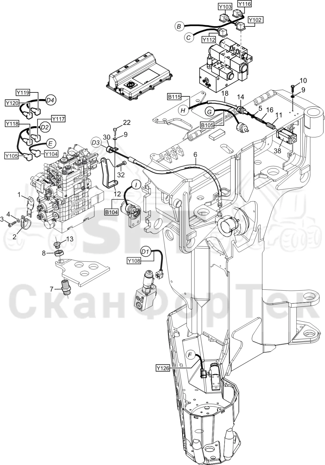 Схема: Komatsu / Лесозаготовительные машины / 951 S/N 9510004367- / Каталог запасных частей / Лесозаготовительное оборудование / Головка лесозаготовительной машины / S172 / Каталог запасных частей / Система управления / Комплект электрооборудования