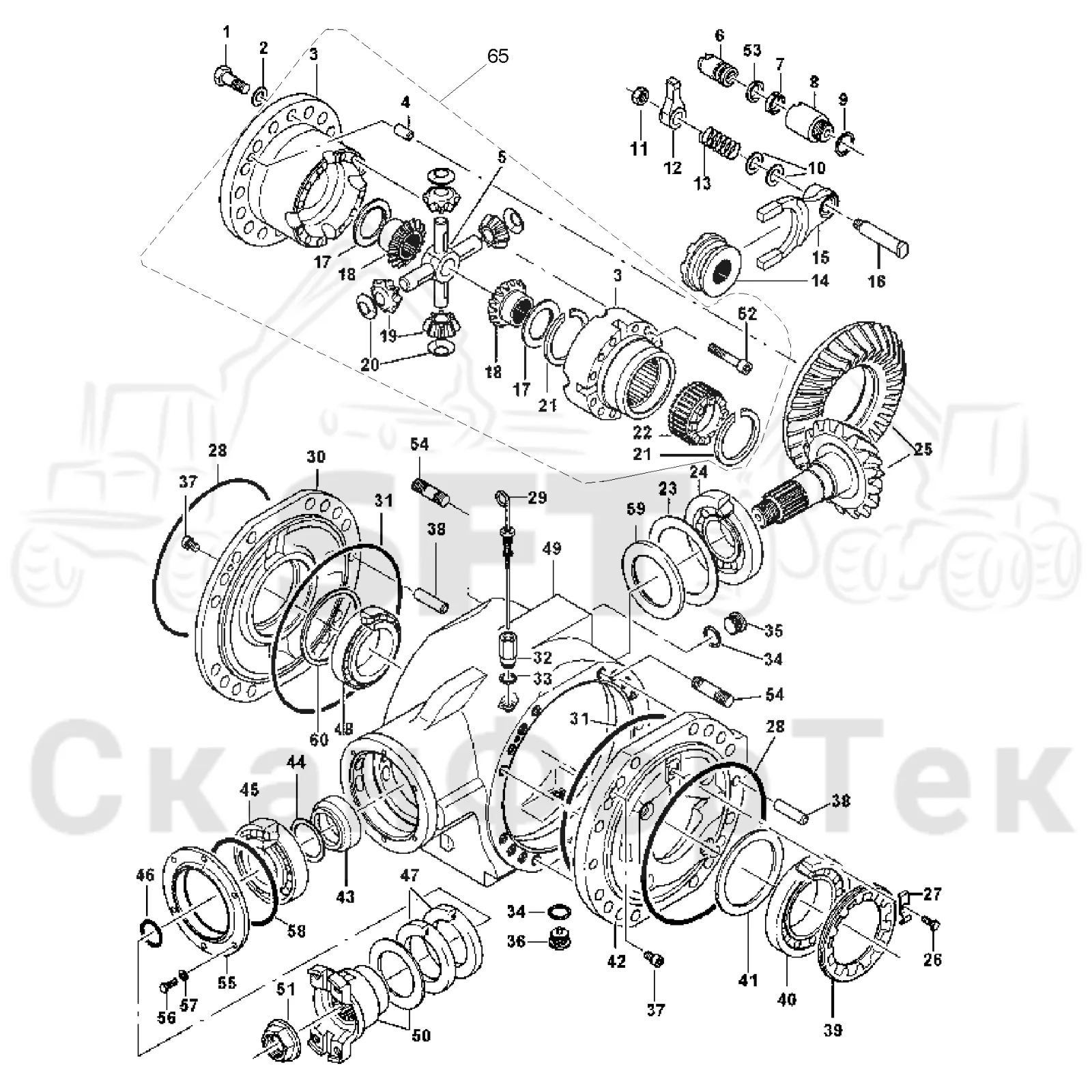 Схема: Komatsu / Лесозаготовительные машины / 931XC S/N 9313021208- / Каталог запасных частей / Коробка передач / каретки / Передний / Дифференциал