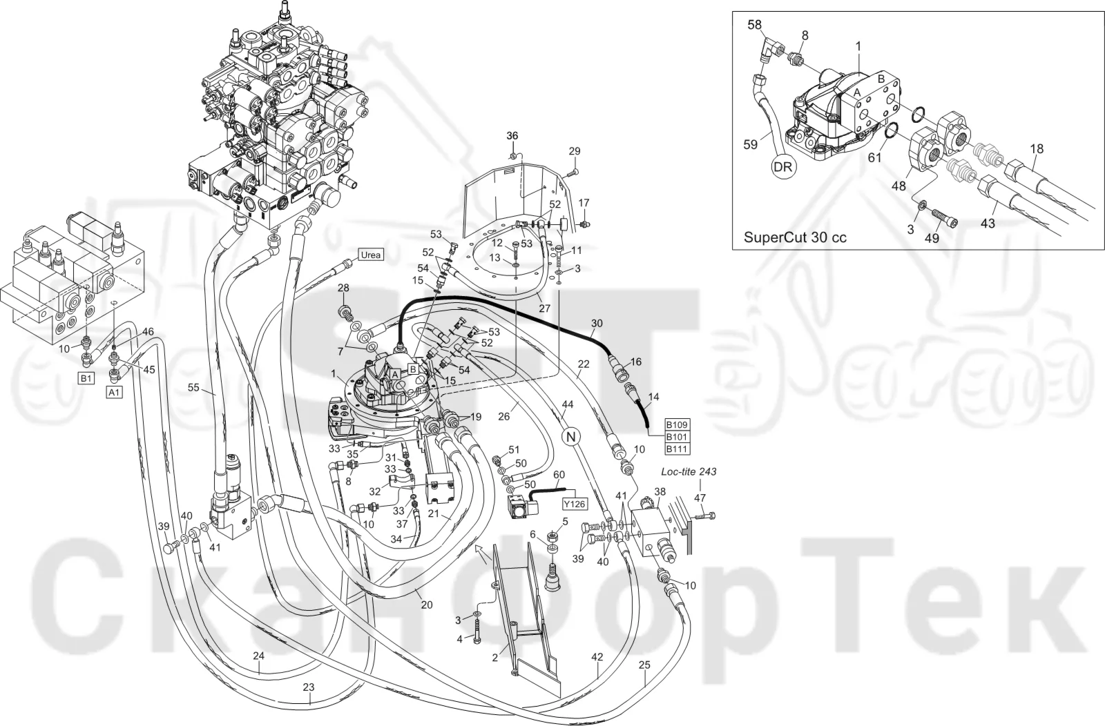 Схема: Komatsu / Лесозаготовительные машины / 931 S/N 9310021067- / Каталог запасных частей / Лесозаготовительное оборудование / Головка лесозаготовительной машины / S172 / Каталог запасных частей / Резка / Устройство резки/Автоматический натяжитель цепи