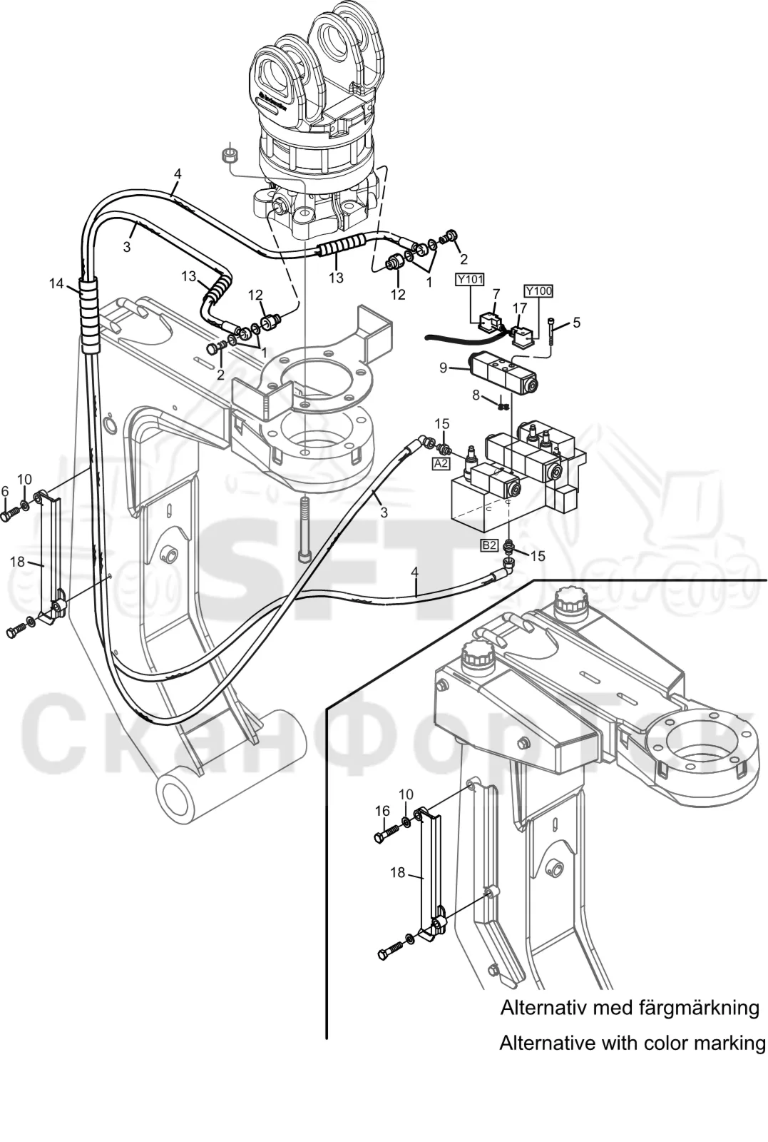 Схема: Komatsu / Лесозаготовительные машины / 951 S/N 9510004367- / Каталог запасных частей / Лесозаготовительное оборудование / Головка лесозаготовительной машины / S172 / Каталог запасных частей / Поворотные устройства и звенья / Гидравлическое оборудование поворотного устройства 3172017061-