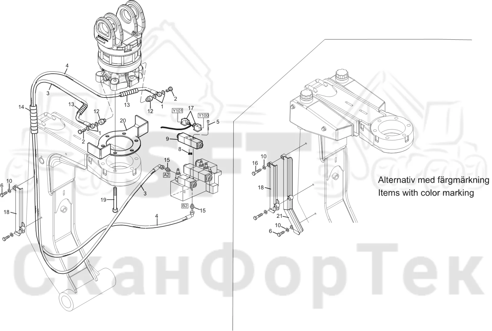 Схема: Komatsu / Головки лесозаготовительной машины / S Головки лесозаготовительной машины / S172 / Каталог запасных частей / Поворотные устройства и звенья / Гидравлическое оборудование поворотного устройства