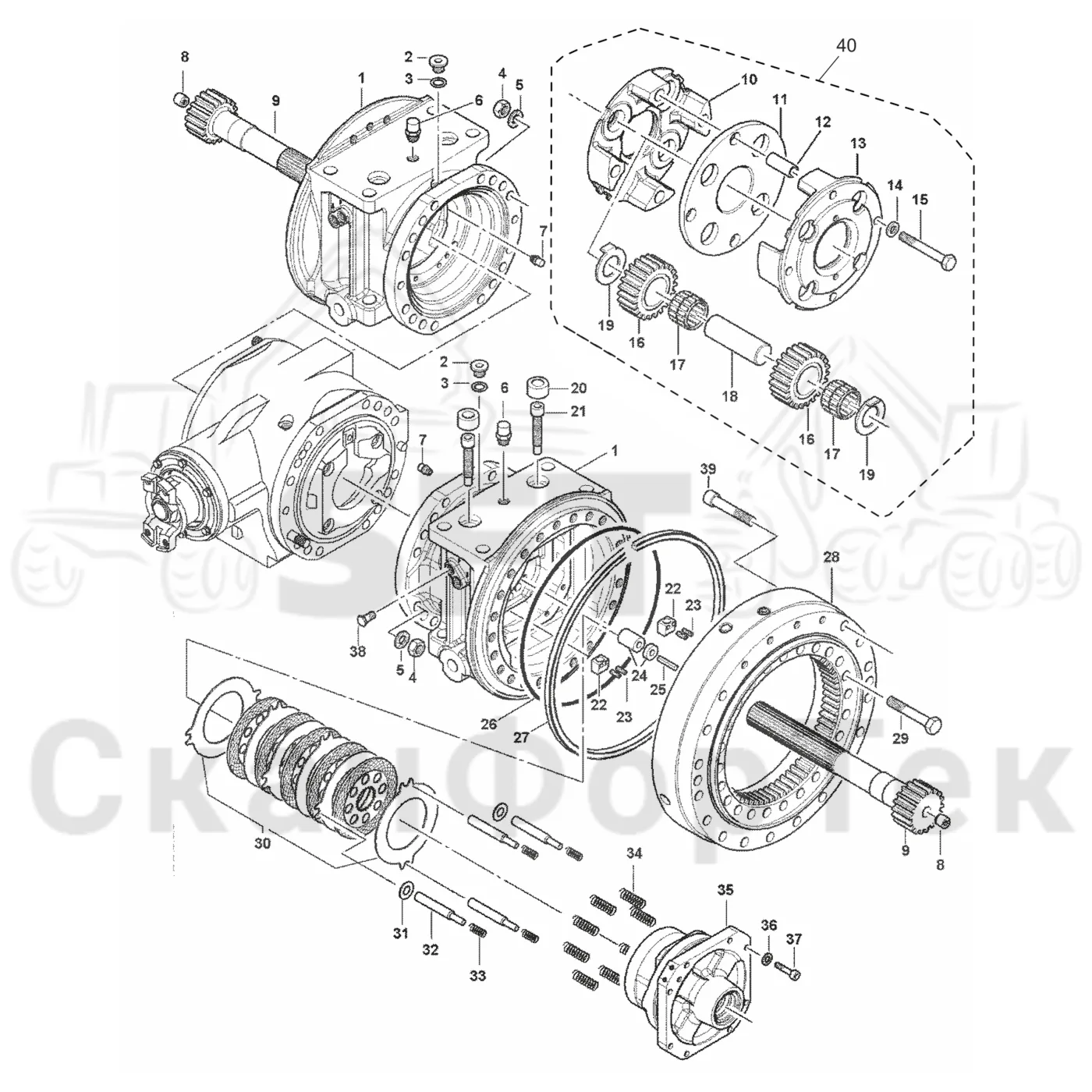 Схема: Komatsu / Лесозаготовительные машины / 911 S/N 9112062167- / Каталог запасных частей / Коробка передач / каретки / каретки Картер ведущего моста
