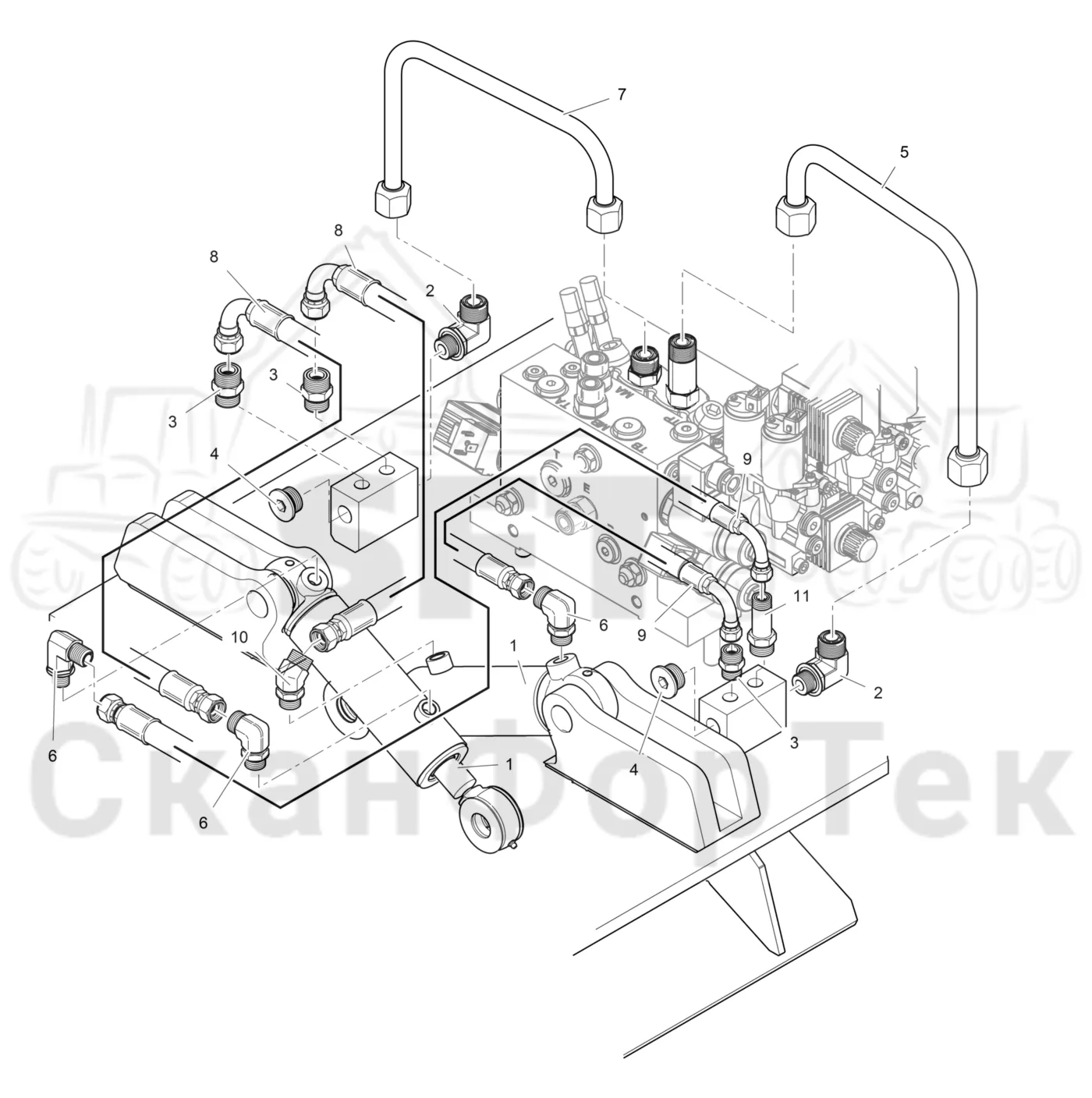 Схема: Komatsu / Головки лесозаготовительной машины / Головка лесозаготовительной машины  процессор / 378 P / Каталог запасных частей / Обрезка сучьев / Гидравлический привод сучкорезного ножа