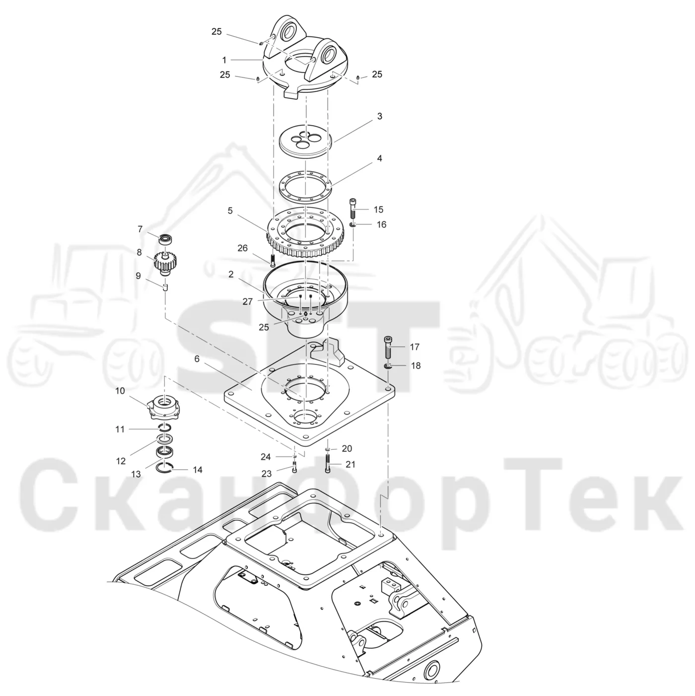 Схема: Komatsu / Головки лесозаготовительной машины / Головка лесозаготовительной машины процессор / 378 P / Каталог запасных частей / Поворотные устройства и звенья / Поворотное устройство