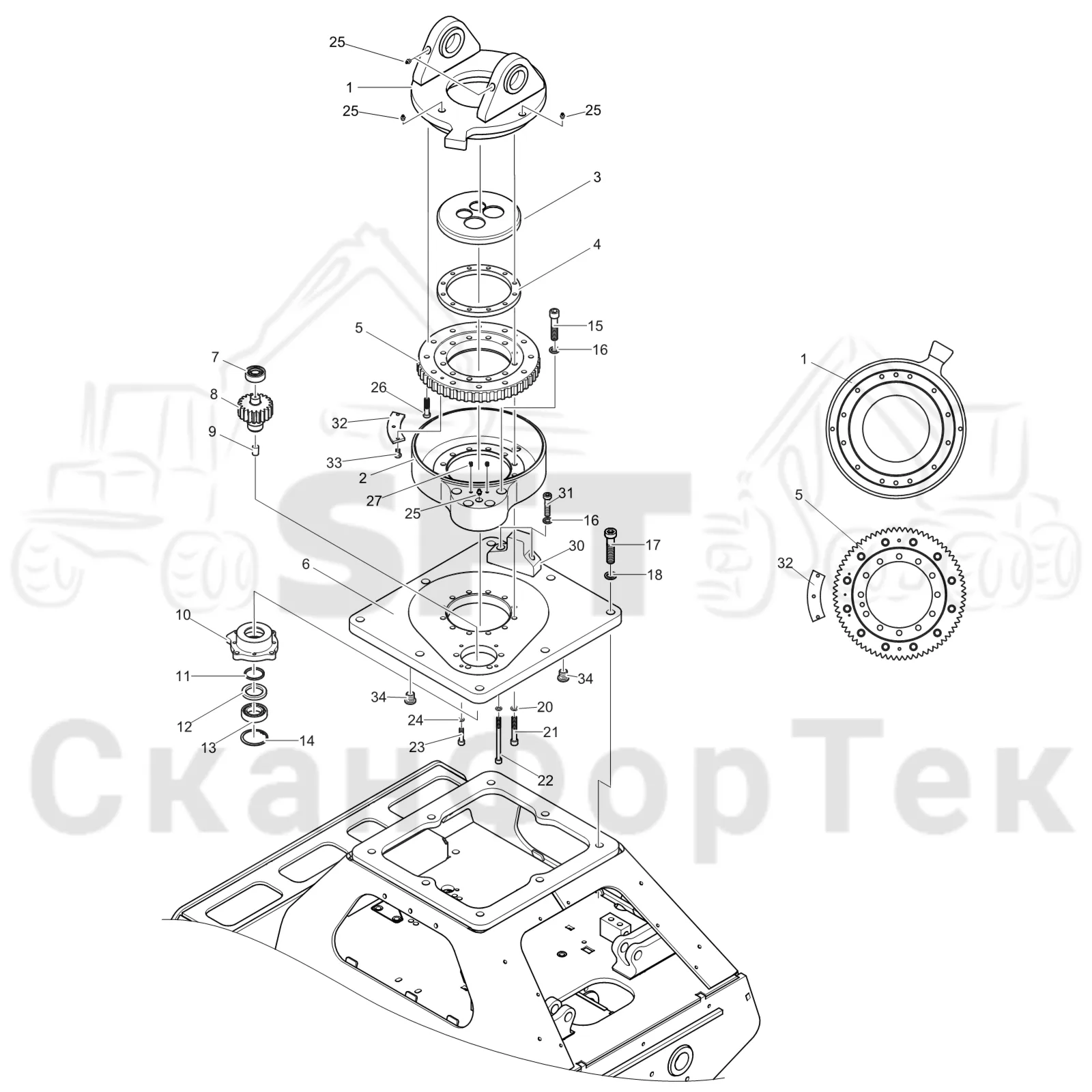 Схема: Komatsu / Головки лесозаготовительной машины / Головка лесозаготовительной машины процессор / 378 P / Каталог запасных частей / Поворотные устройства и звенья / Поворотное устройство 1093014051-