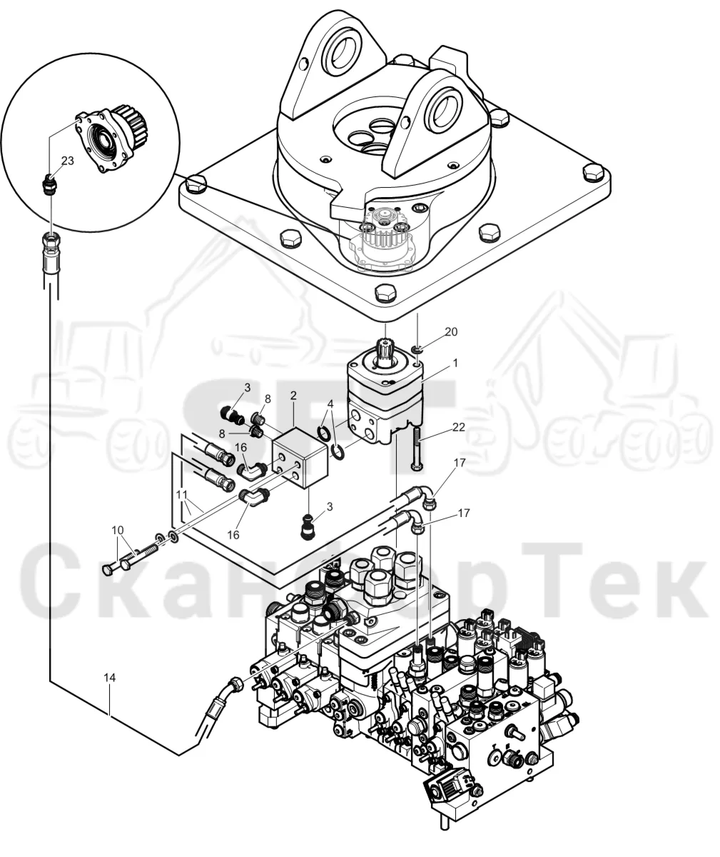 Схема: Komatsu / Головки лесозаготовительной машины / Головка лесозаготовительной машины процессор / 378 P / Каталог запасных частей / Поворотные устройства и звенья / Гидравлическое оборудование поворотного устройстваГидравлическое оборудование поворотного устройства 3782000551--