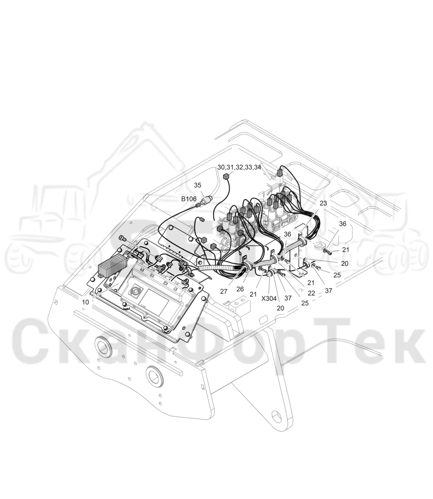 Схема: Komatsu / Головки лесозаготовительной машины / Головка лесозаготовительной машины  процессор / 378 P / Каталог запасных частей / Гидравлический клапан / Монтажная проводка клапана