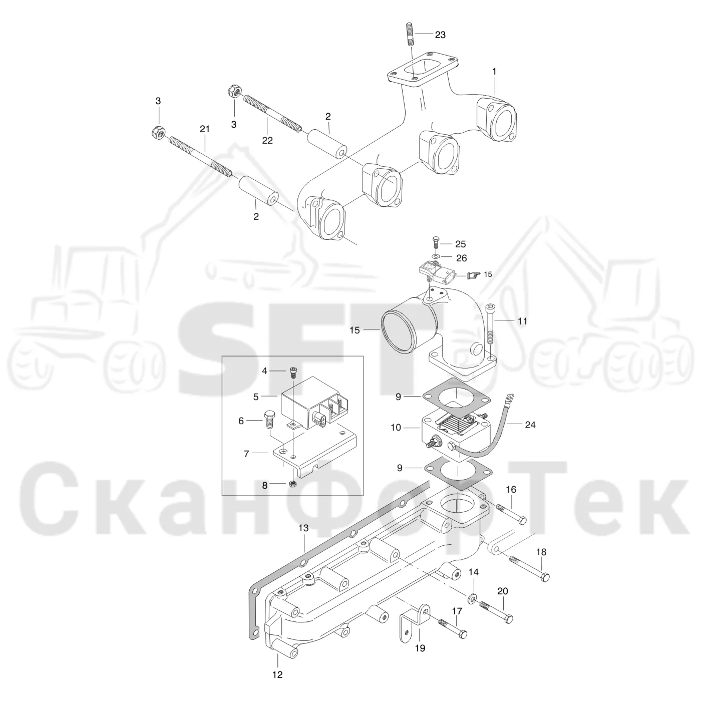 Схема: Valmet / Форвардер / Valmet 830.3 / Valmet 830.3 / Каталог запасных частей / Двигатель / Двигатель  311172- / Впуск - выпуск / Впускной и выпускной коллектор / Впускной и выпускной коллектор 8300031381-