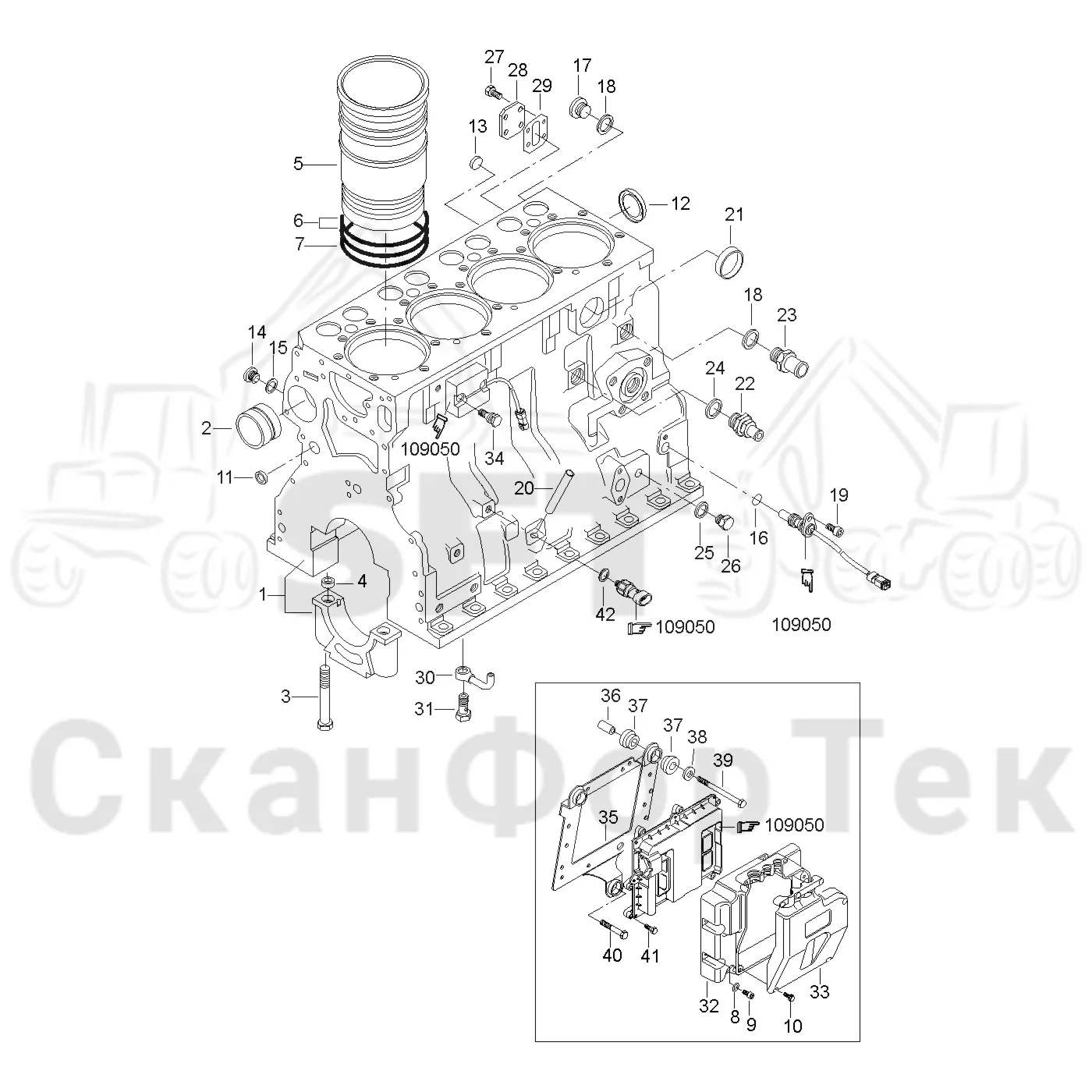 Схема: Valmet / Форвардер / Valmet 830.3 / Valmet 830.3 / Каталог запасных частей / Двигатель / Двигатель 311172- / Блок двигателя / Блок цилиндров