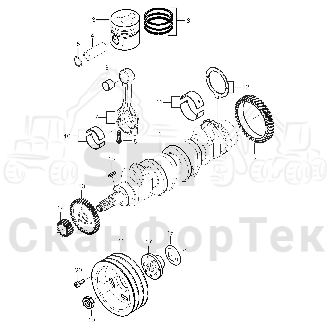 Схема: Valmet / Форвардер / Valmet 830.3 / Valmet 830.3 / Каталог запасных частей / Двигатель / Двигатель 311172- / Блок двигателя / Коленвал