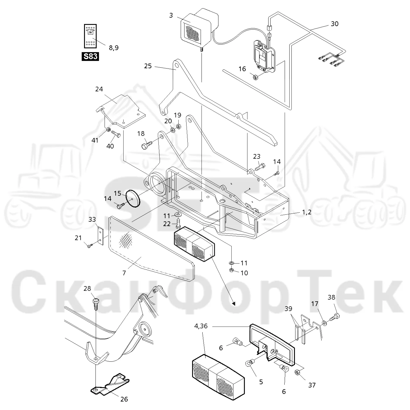 Схема: Valmet / Форвардер / Valmet 830.1 / Valmet 830.1 / Каталог запасных частей / шасси / Электрический Оборудование / Рабочие лампы, ксеноновые