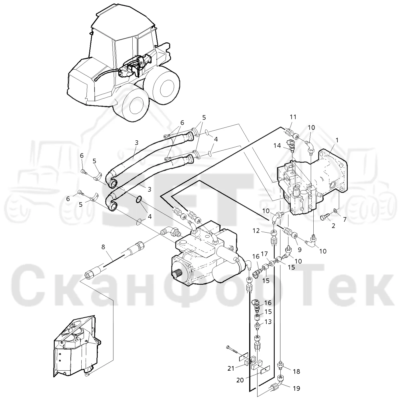 Схема: Valmet / Форвардер / Valmet 830.3 / Valmet 830.3 / Каталог запасных частей / Коробка передач / Оборудование гидростатики / Подвод гидростатического шланга