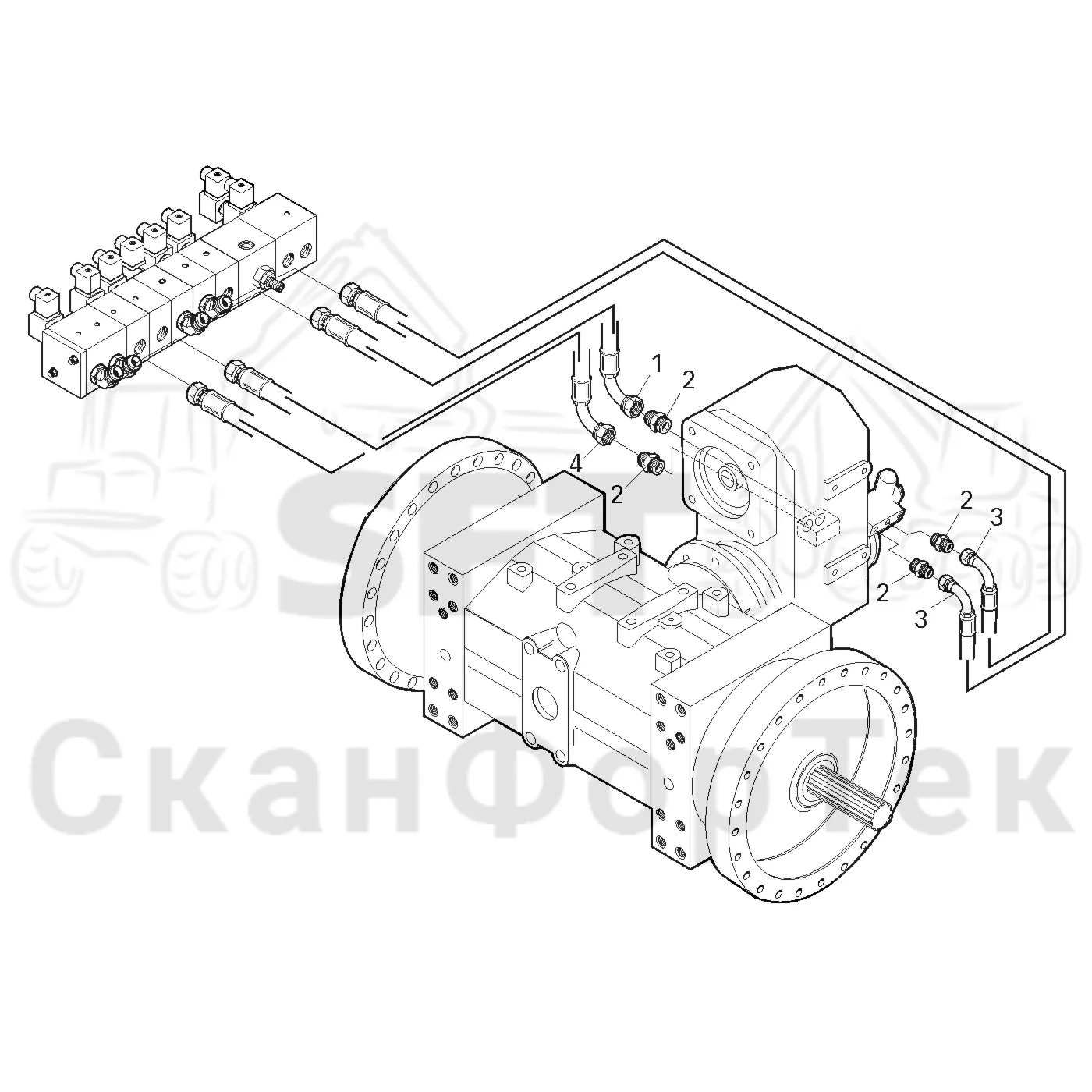 Схема: Komatsu / Форвардер / 830.3 / Каталог запасных частей / Коробка передач / Редуктор / Гидравлическое оборудование переключения повышающей-понижающей передачи с полным приводом на 2-все колеса