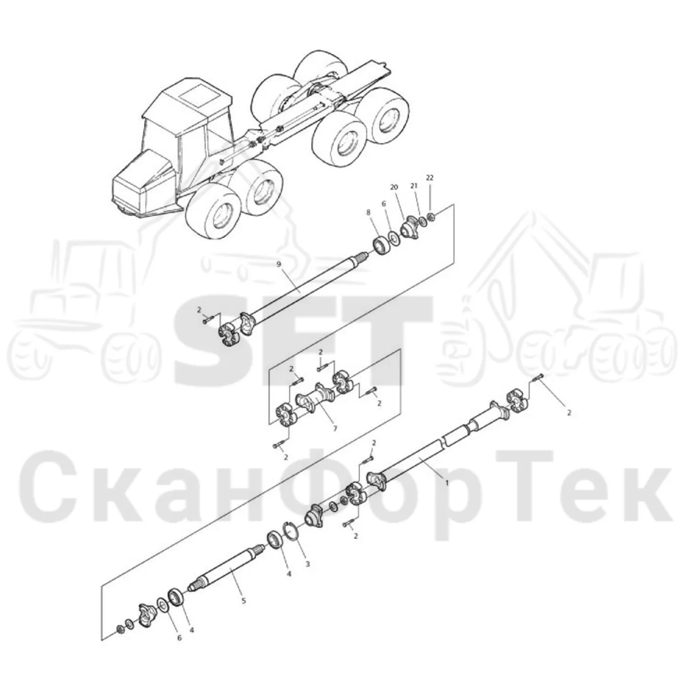 Схема: Valmet / Форвардер / Valmet 830.3 / Valmet 830.3 / Каталог запасных частей / Коробка передач / Карданная передача / Карданная передача