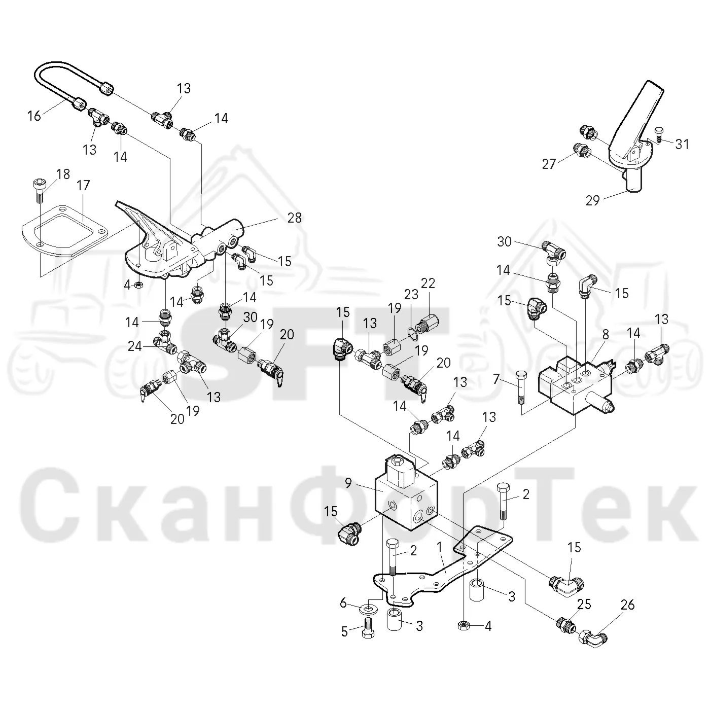 Схема: Komatsu / Форвардер / 830.3 / Каталог запасных частей / Тормоза / Тормоза на 8 колес / Тормозная система