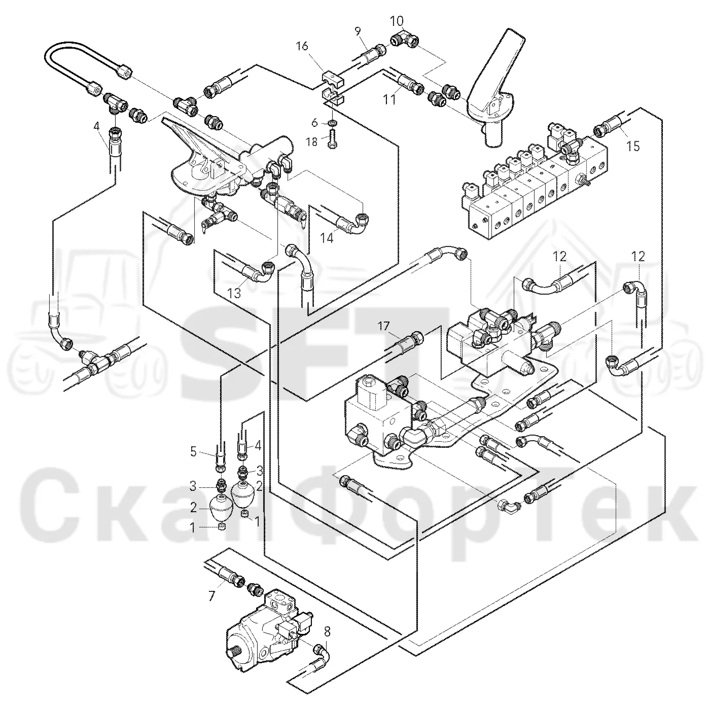 Схема: Valmet / Форвардер / Valmet 830.3 / Valmet 830.3 / Каталог запасных частей / Тормоза / Тормоза на 8 колес / Гидравлический привод тормозного клапана