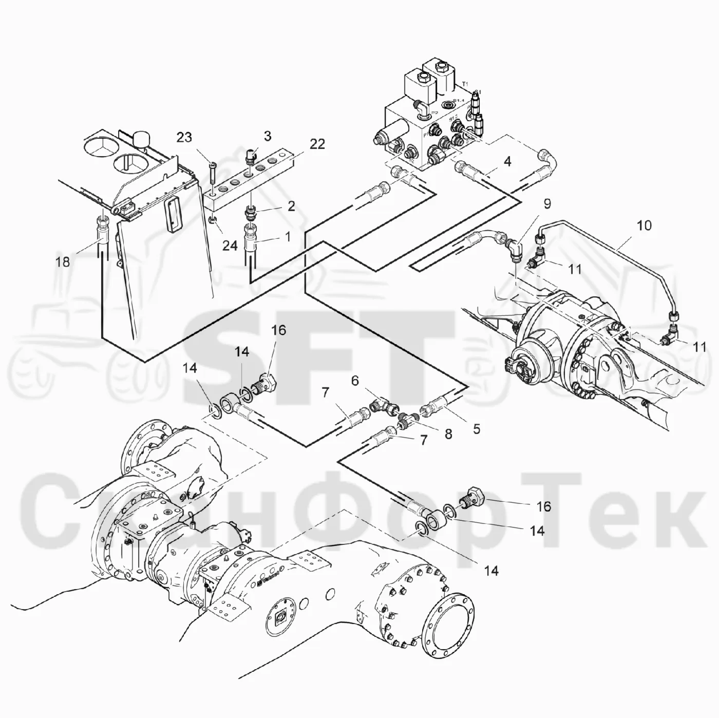 Схема: Komatsu / Лесозаготовительные машины / 931 / Каталог запасных частей / Тормоза / Тормоза на 6 колес / Полноприводная тормозная система на 6 колес гидравлика