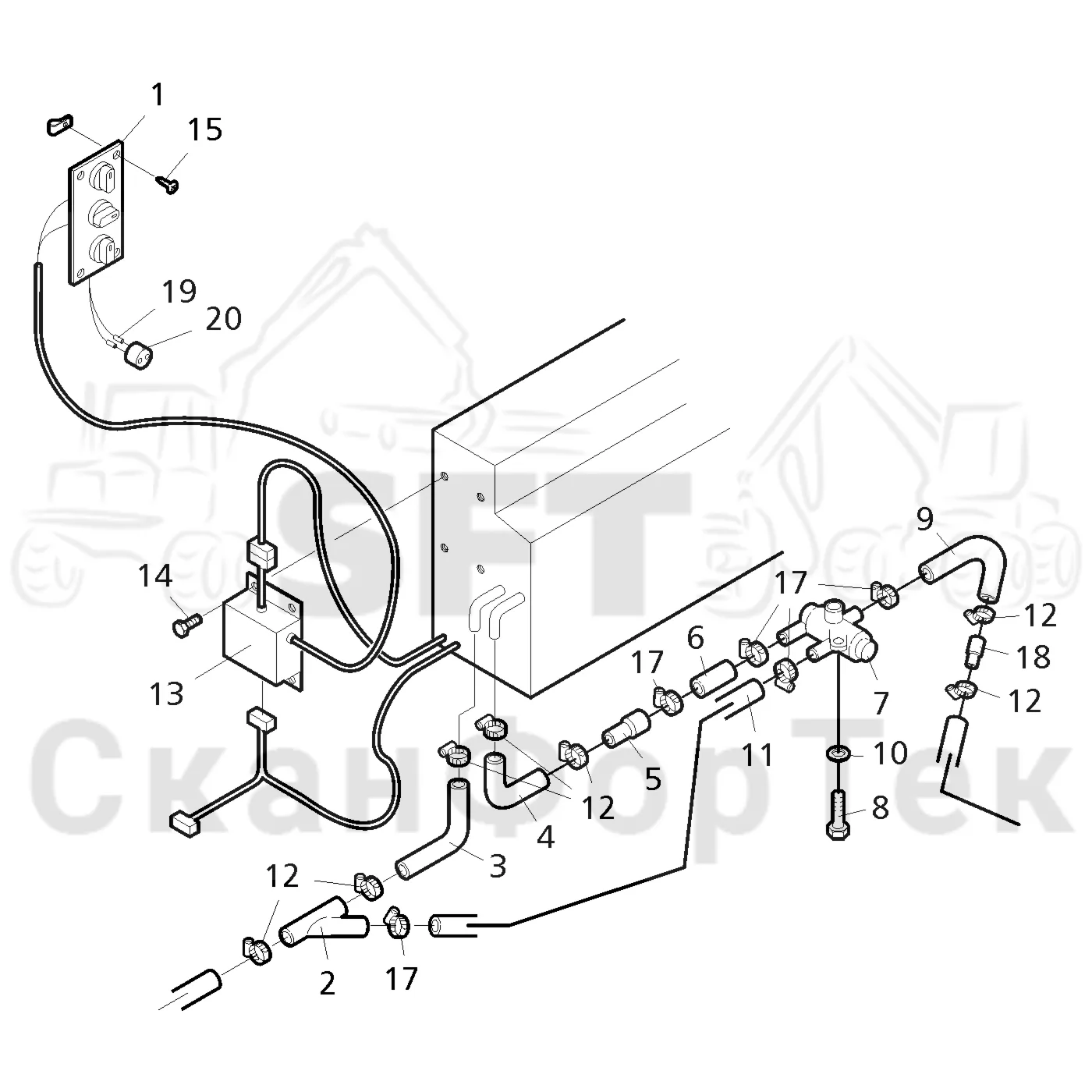 Схема: Valmet / Форвардер / Valmet 840.3 / Valmet 840.3  Ch. 311174- / Valmet 840.3  Ch. 311174- / Каталог запасных частей / Кабина / Система обогрева и охлаждения / Обогревание кабины, управление кондиционером/Подогреватель Thermo 90 ST