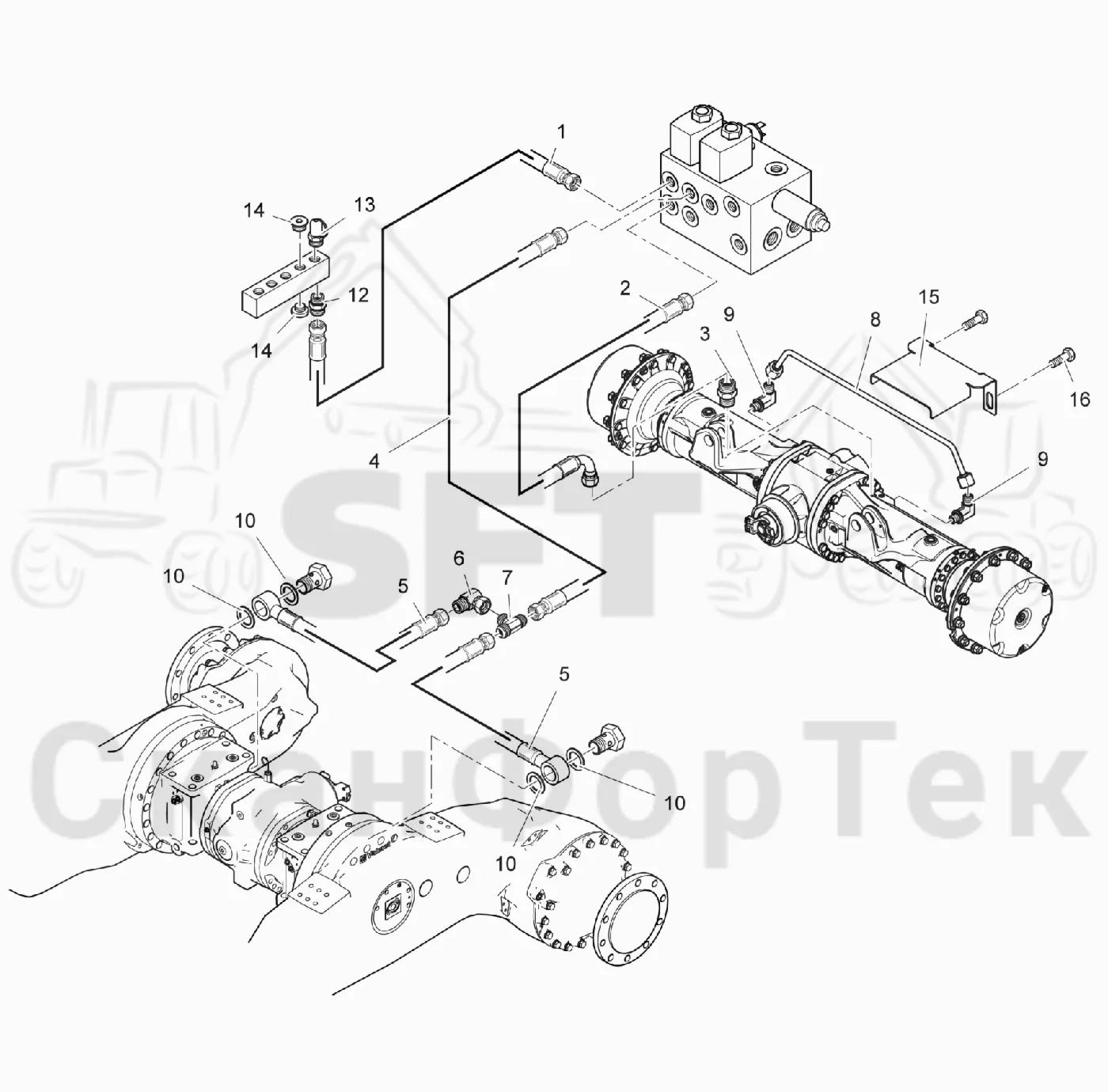 Схема: Valmet / Лесозаготовительные машины / Valmet 931 / Valmet 931 / Каталог запасных частей / Тормоза / Тормоза на 6 колес / Гидравлический стояночный тормоз на 6 колес