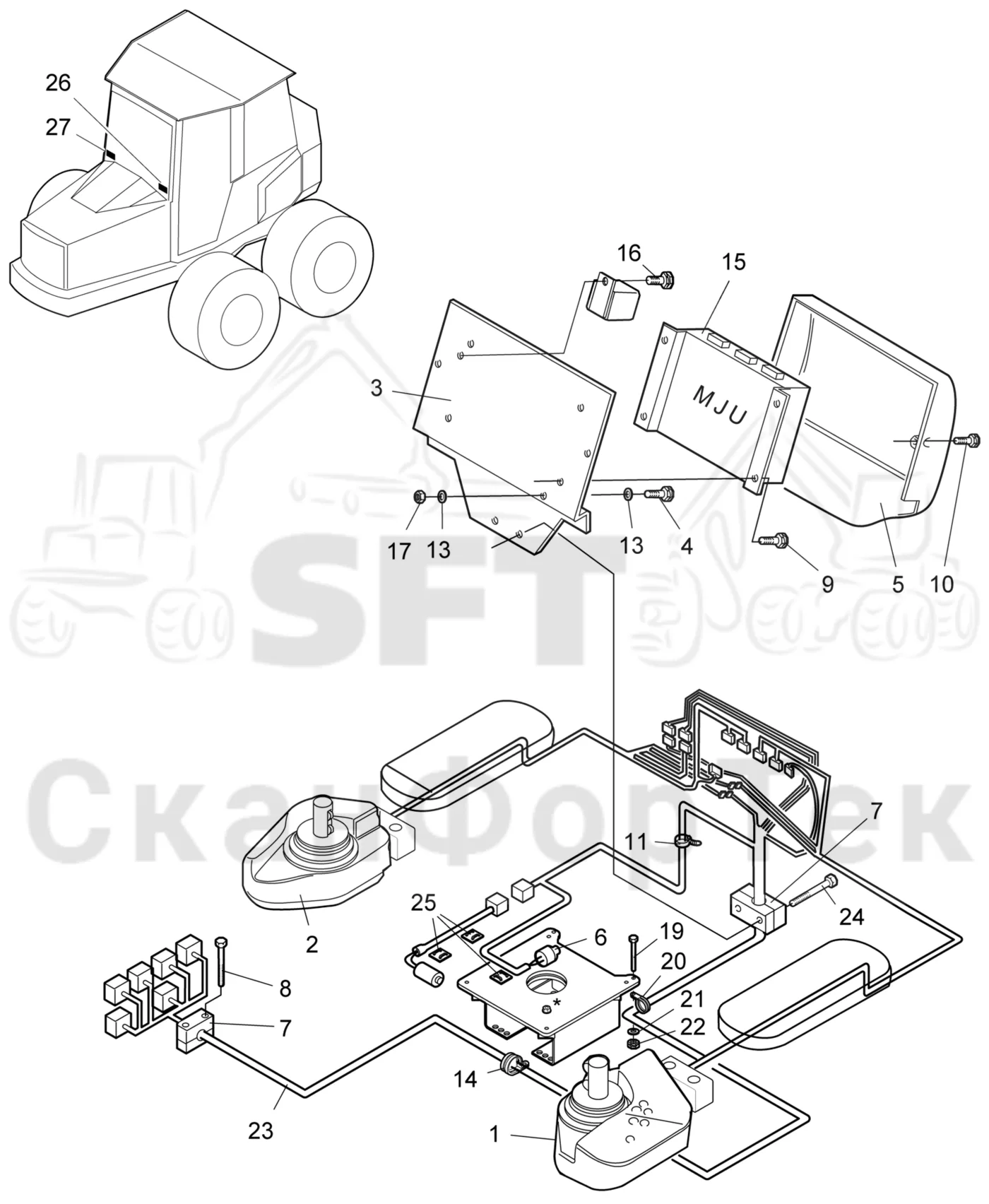 Схема: Valmet / Форвардер / Valmet 840.4 / Valmet 840.4 / Каталог запасных частей / Система управления / Регулятор / Электрический набор Малогабаритные рычаги